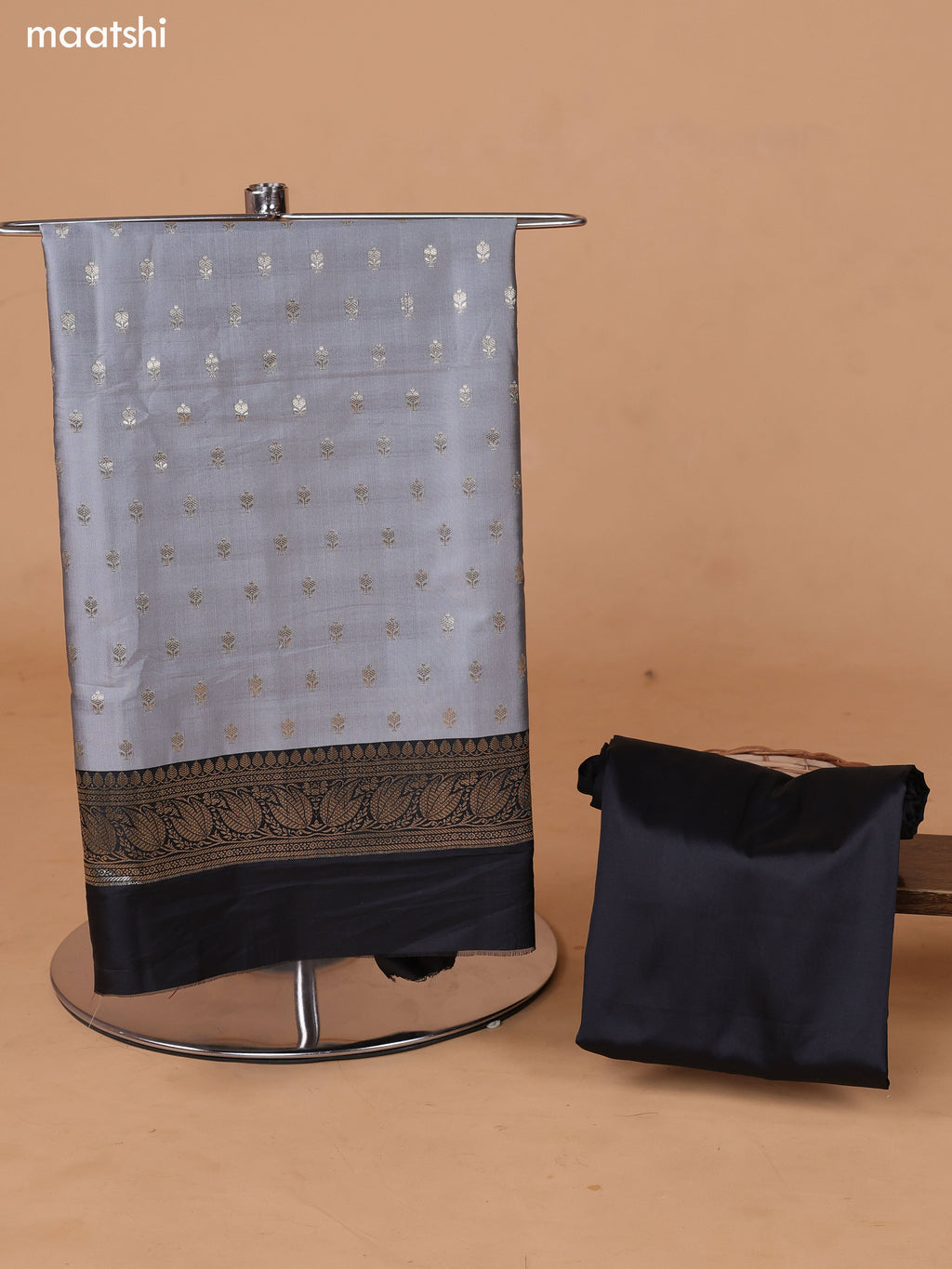 Grey and Black Banarasi Silk Dress Material With With Allover Zari Buttas and Bottom & Dupatta