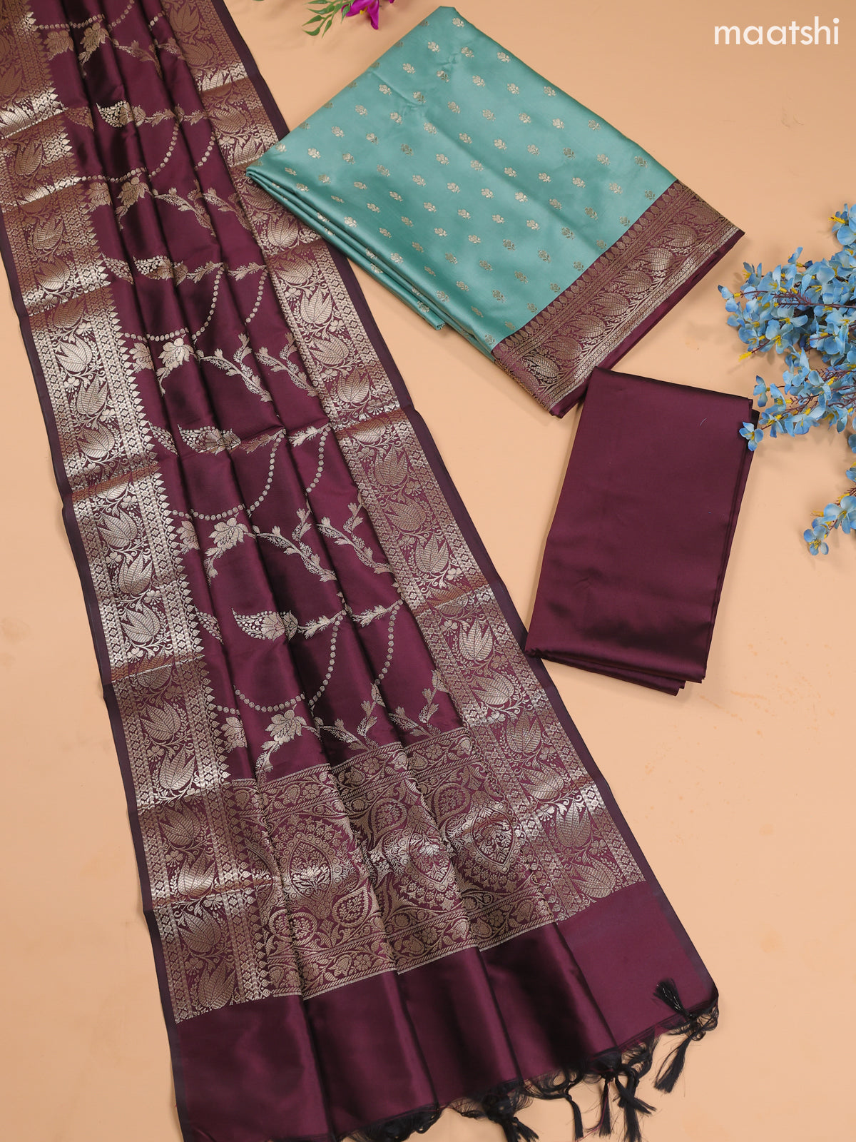 Pastel Green and Wine Banarasi Silk Dress Material With With Allover Zari Buttas