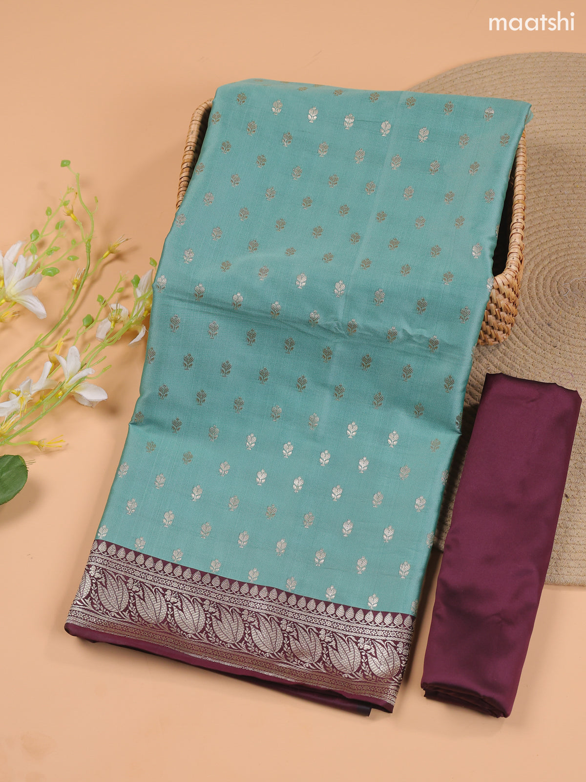Pastel Green and Wine Banarasi Silk Dress Material With With Allover Zari Buttas