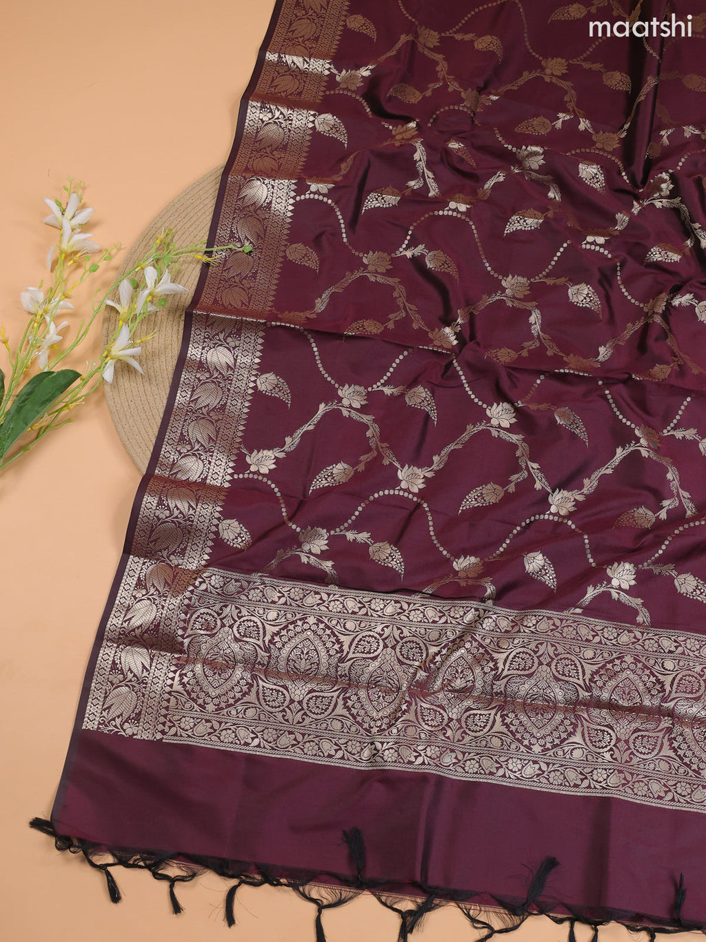 Pastel Green and Wine Banarasi Silk Dress Material With With Allover Zari Buttas