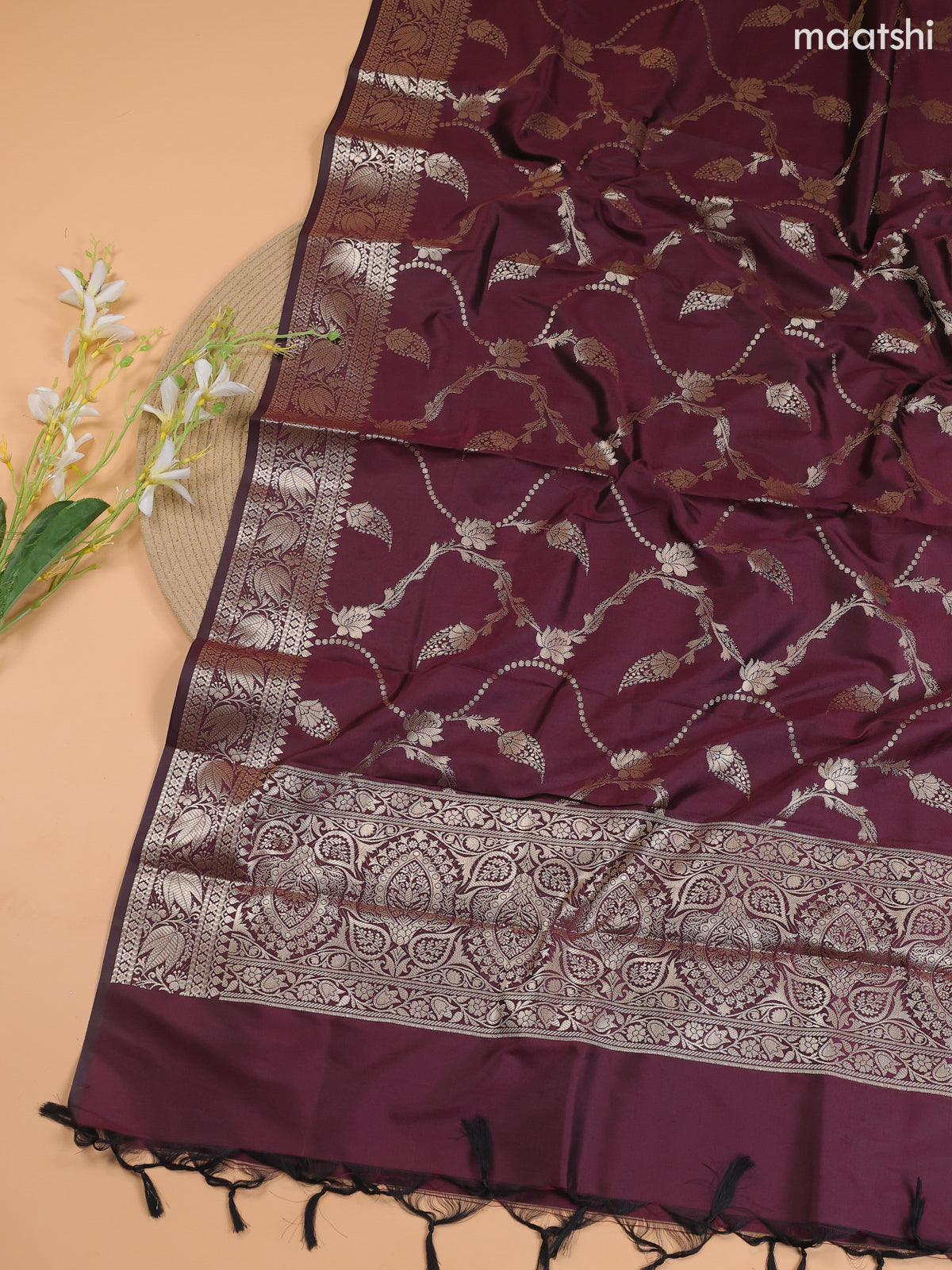 Pastel Green and Wine Banarasi Silk Dress Material With With Allover Zari Buttas