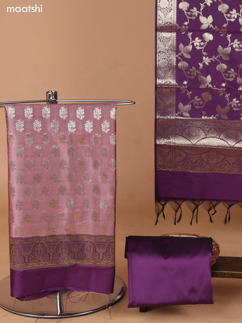 Peach and Purple Banarasi Silk Dress Material With With Allover Zari Buttas and Bottom & Dupatta