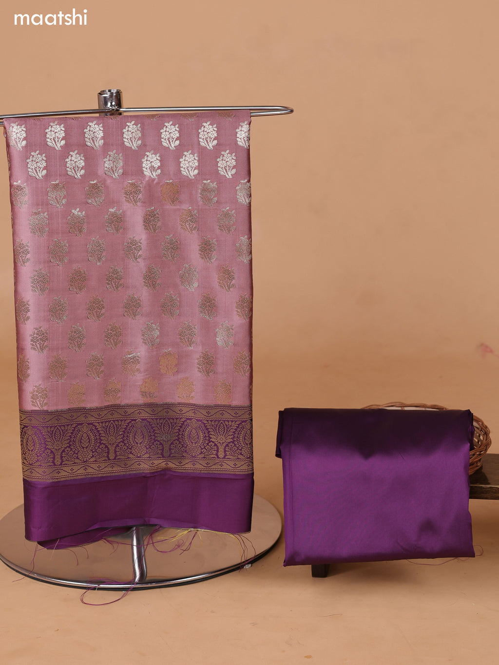 Peach and Purple Banarasi Silk Dress Material With With Allover Zari Buttas and Bottom & Dupatta
