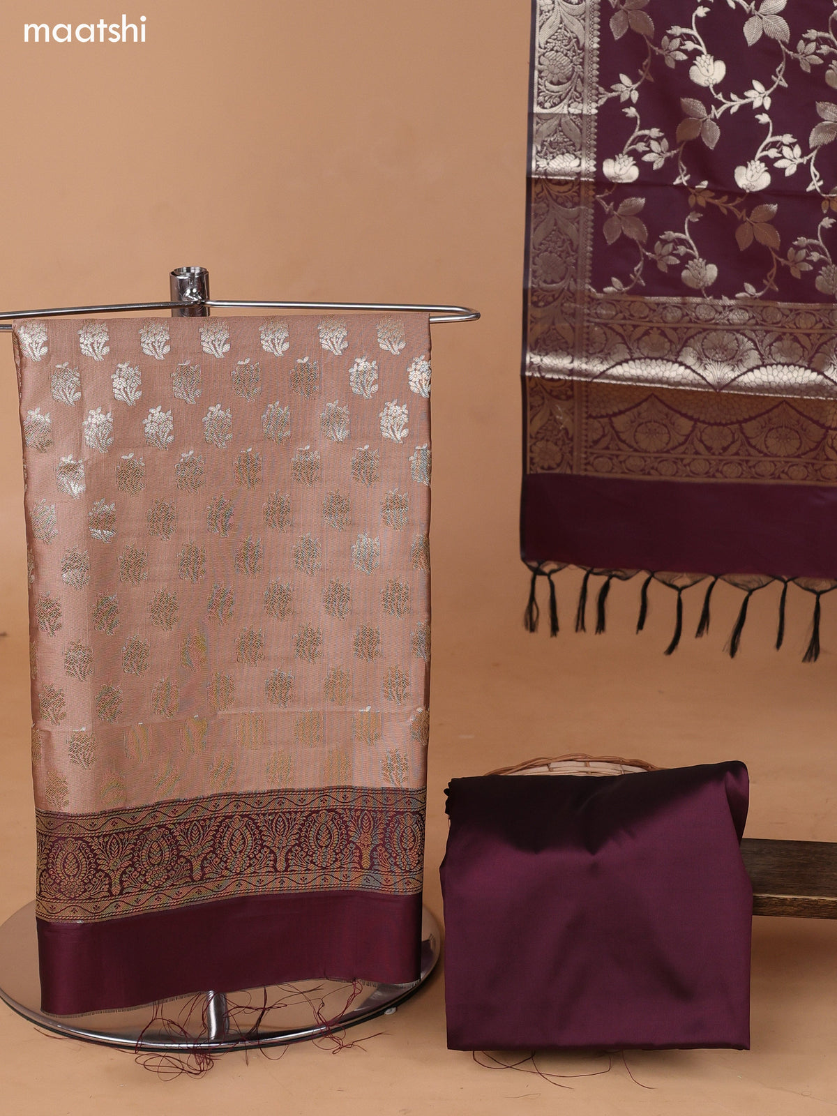 Dark Beige and Deep Wine Banarasi Silk Dress Material With With Allover Zari Buttas and Bottom & Dupatta