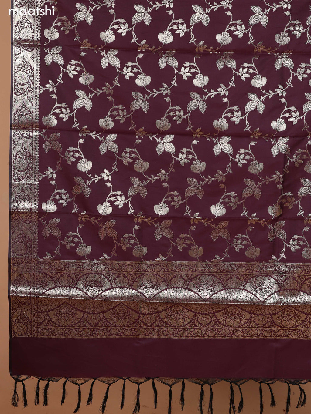 Dark Beige and Deep Wine Banarasi Silk Dress Material With With Allover Zari Buttas and Bottom & Dupatta