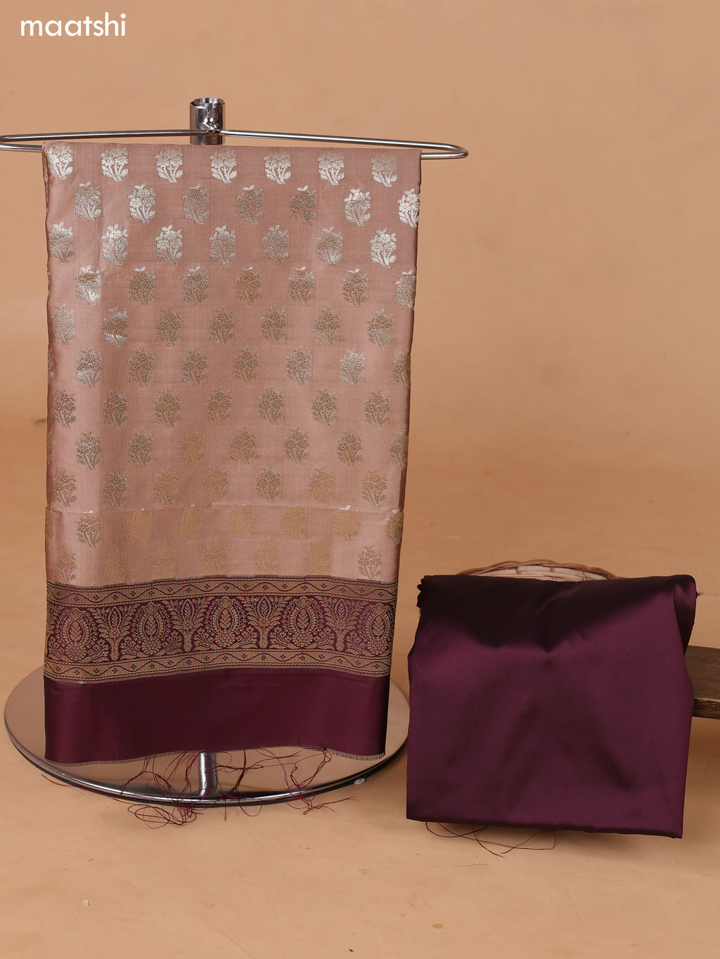 Dark Beige and Deep Wine Banarasi Silk Dress Material With With Allover Zari Buttas and Bottom & Dupatta