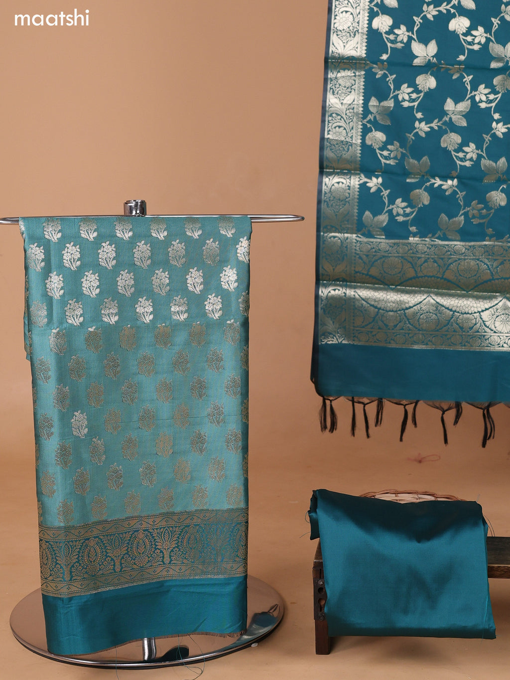 Pastel Green and Teal Green Banarasi Silk Dress Material With With Allover Zari Buttas and Bottom & Dupatta