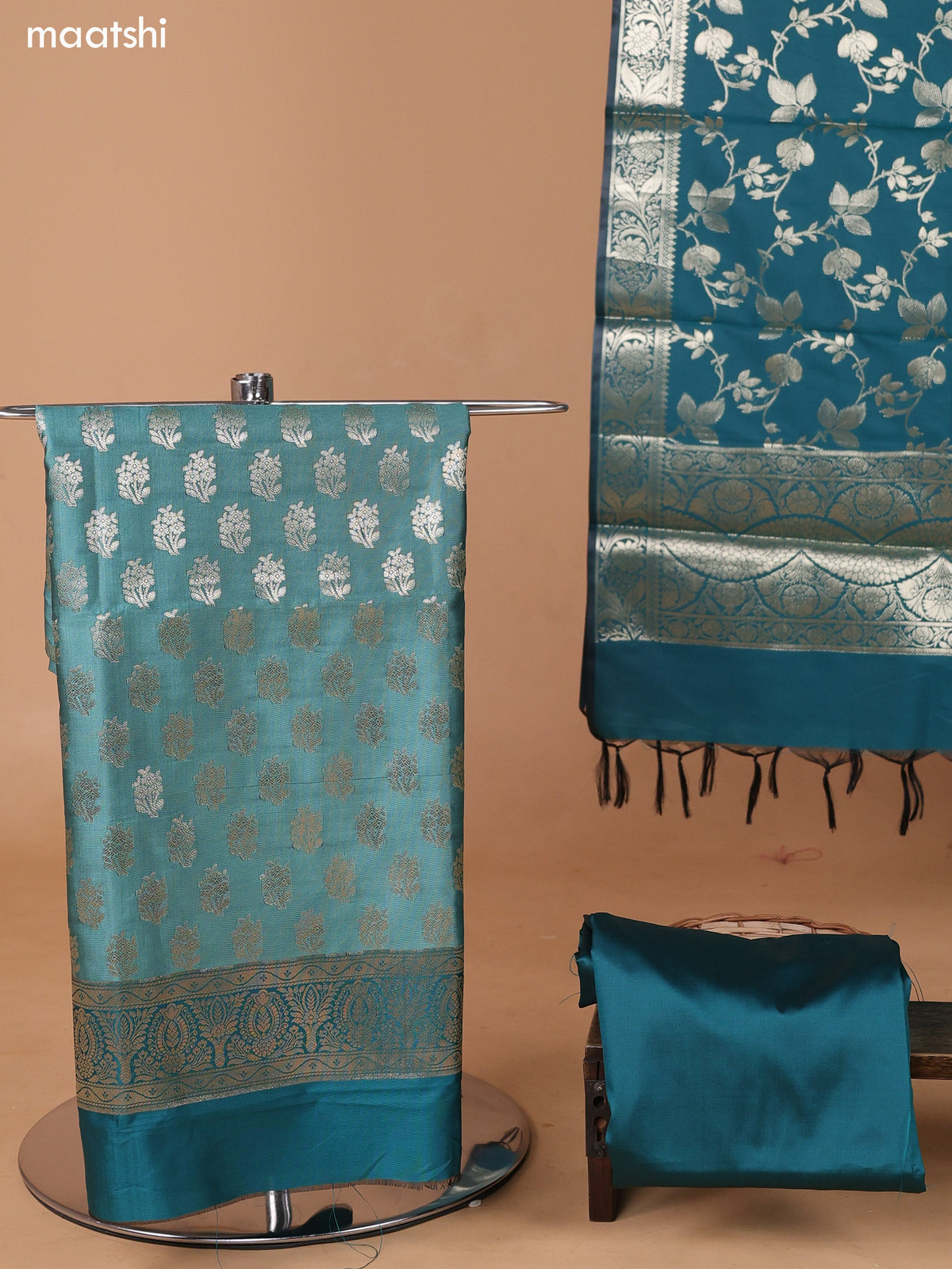Pastel Green and Teal Green Banarasi Silk Dress Material With With Allover Zari Buttas and Bottom & Dupatta