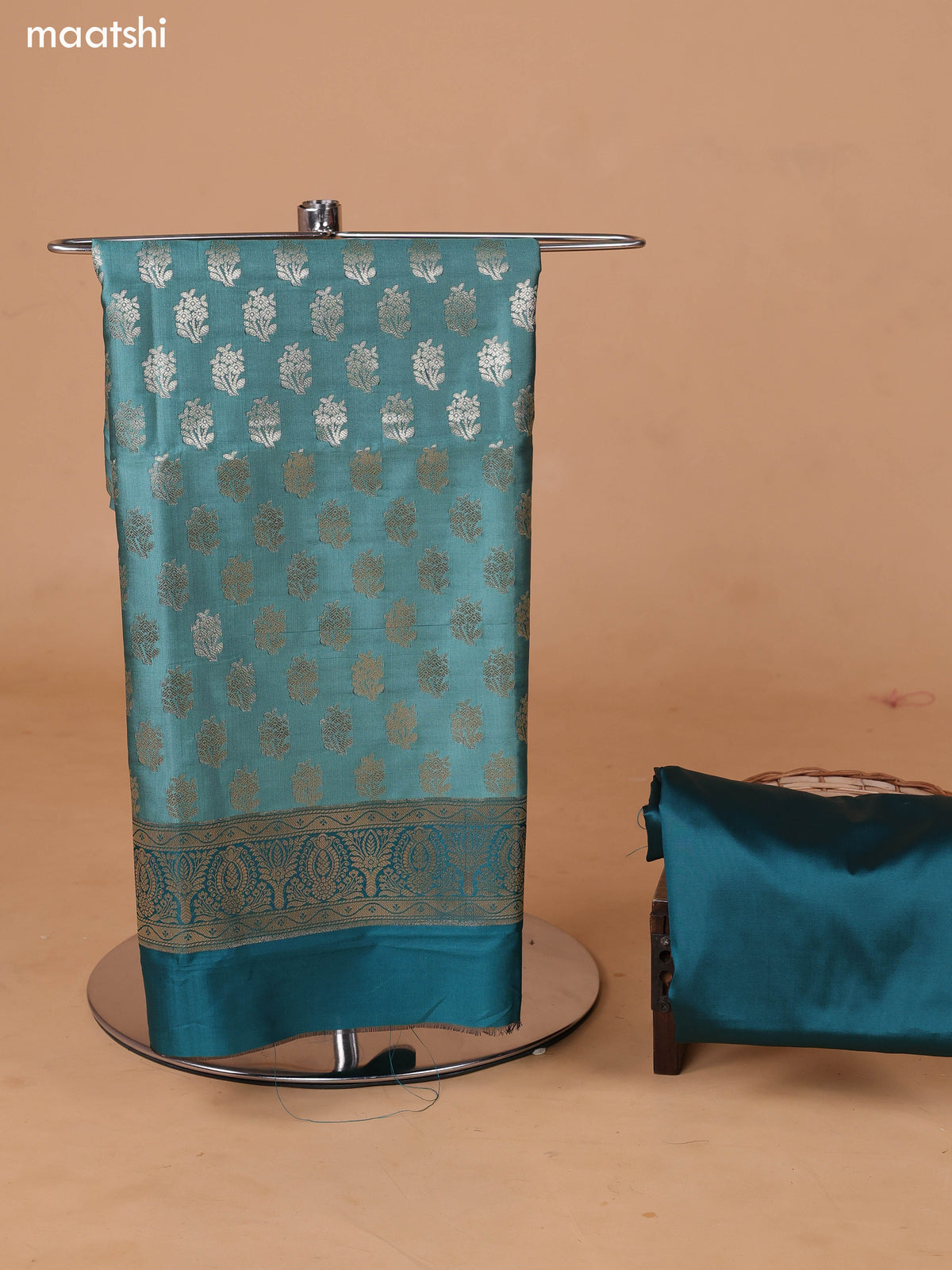 Pastel Green and Teal Green Banarasi Silk Dress Material With With Allover Zari Buttas and Bottom & Dupatta