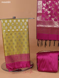Mustard Green and Pink Banarasi Silk Dress Material With With Allover Zari Buttas and Bottom & Dupatta