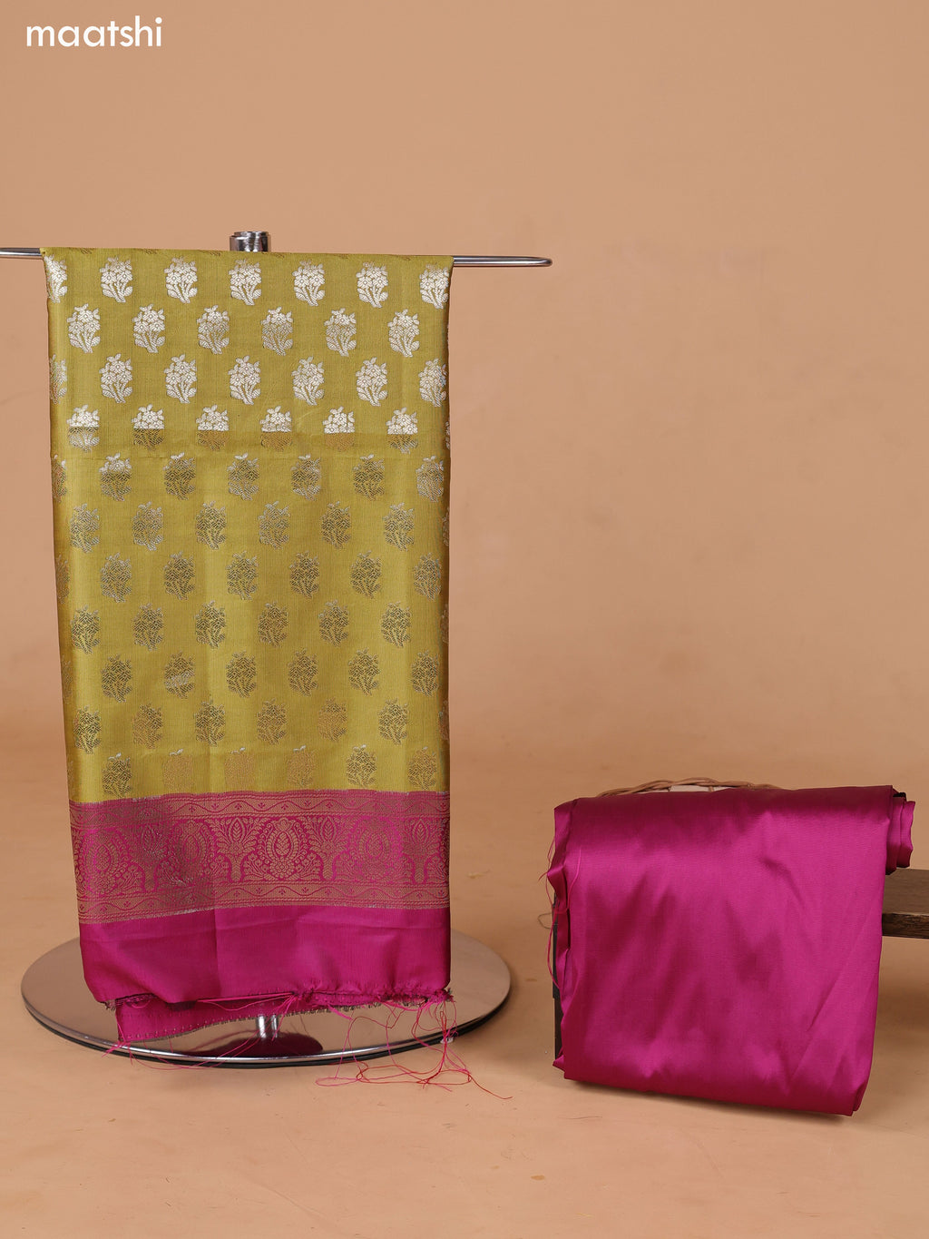 Mustard Green and Pink Banarasi Silk Dress Material With With Allover Zari Buttas and Bottom & Dupatta