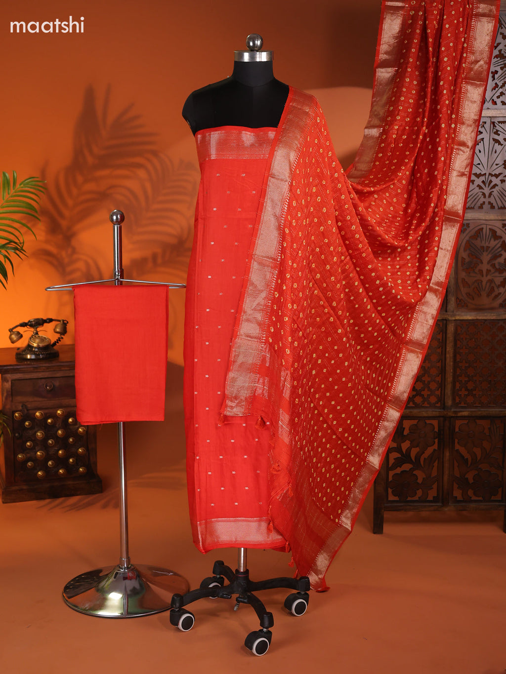 Rust Orange Art Silk Dress Material With Zari Buttas and Bottom & Dupatta