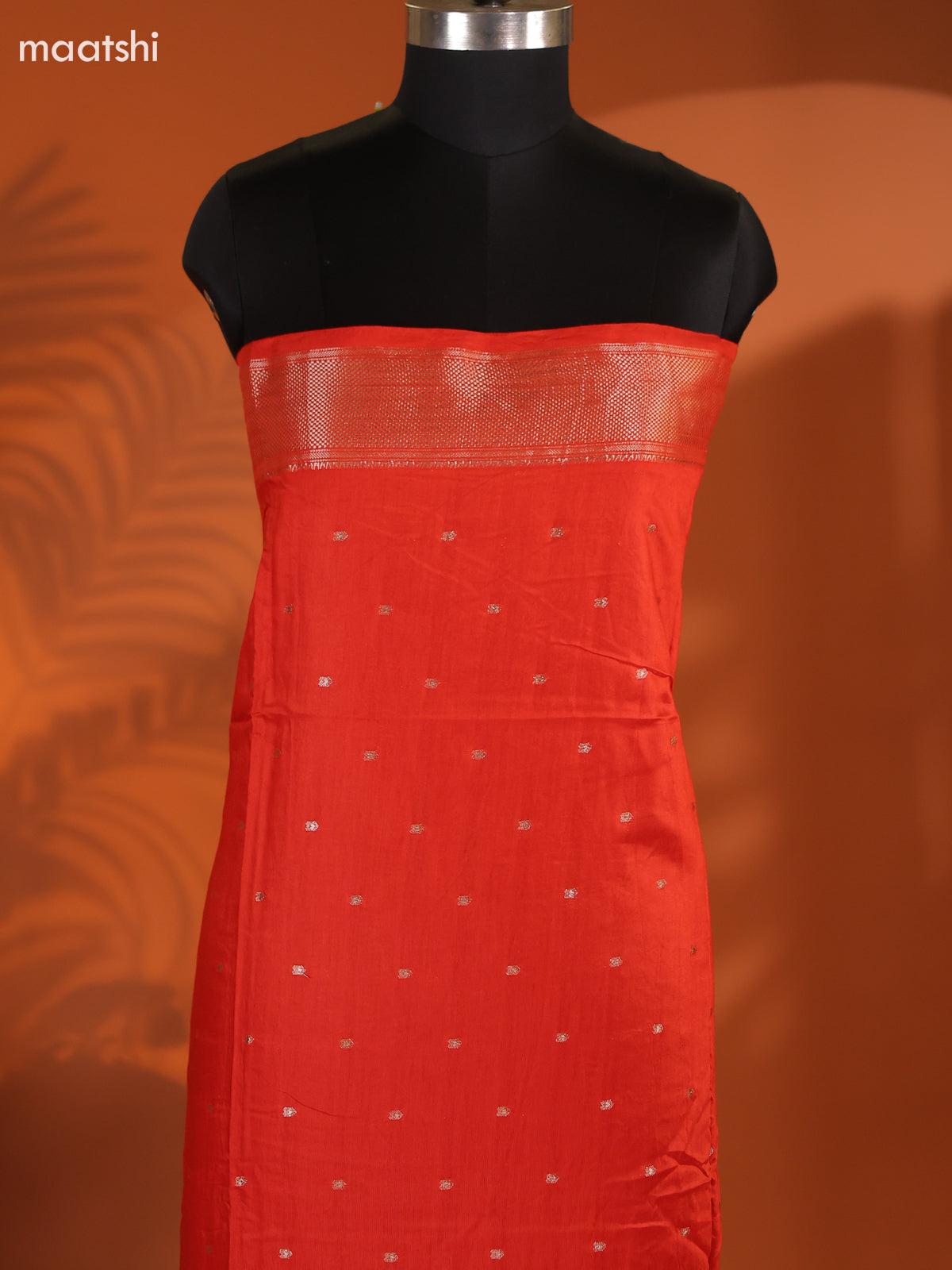 Rust Orange Art Silk Dress Material With Zari Buttas and Bottom & Dupatta