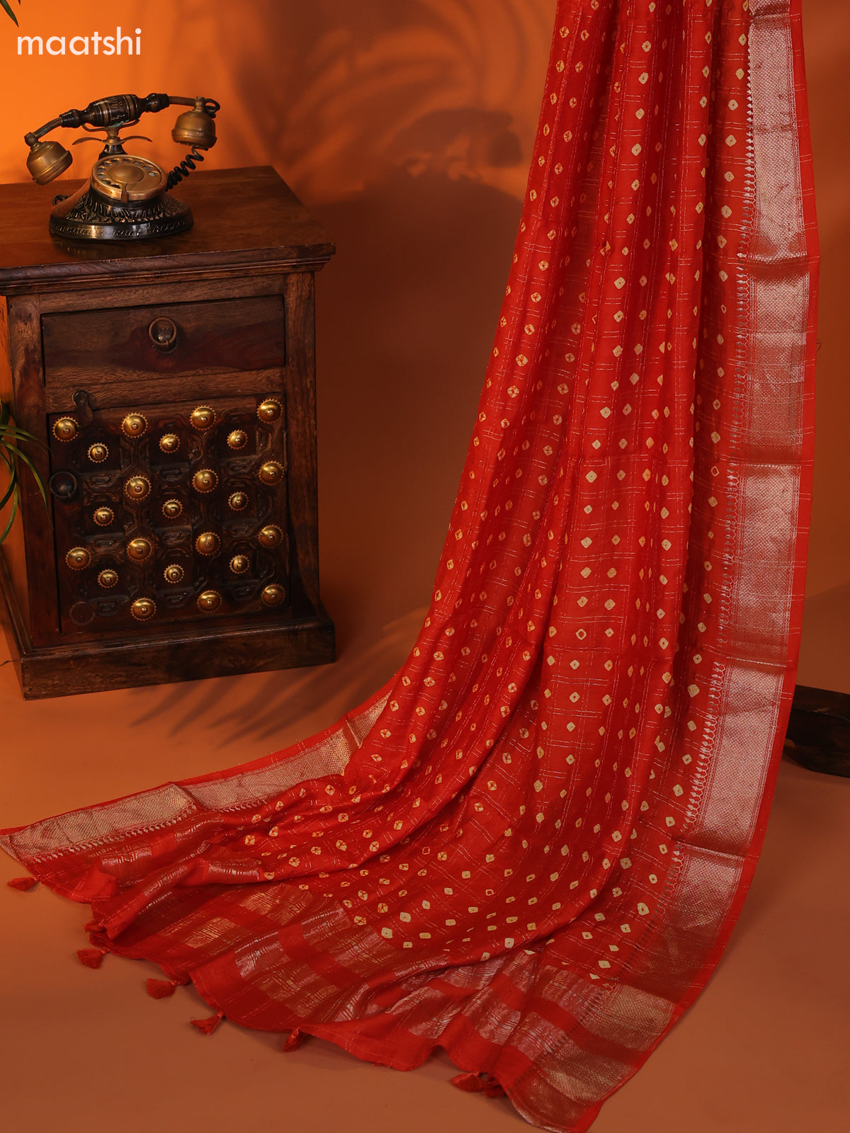 Rust Orange Art Silk Dress Material With Zari Buttas and Bottom & Dupatta