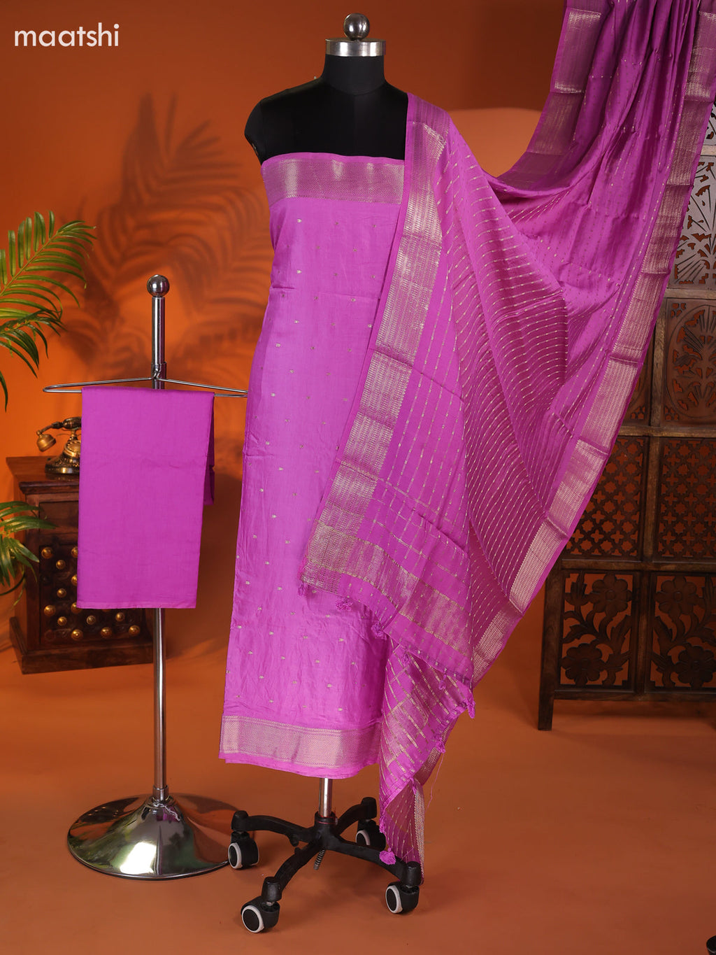 Lavender Art Silk Dress Material With Zari Buttas and Bottom & Dupatta