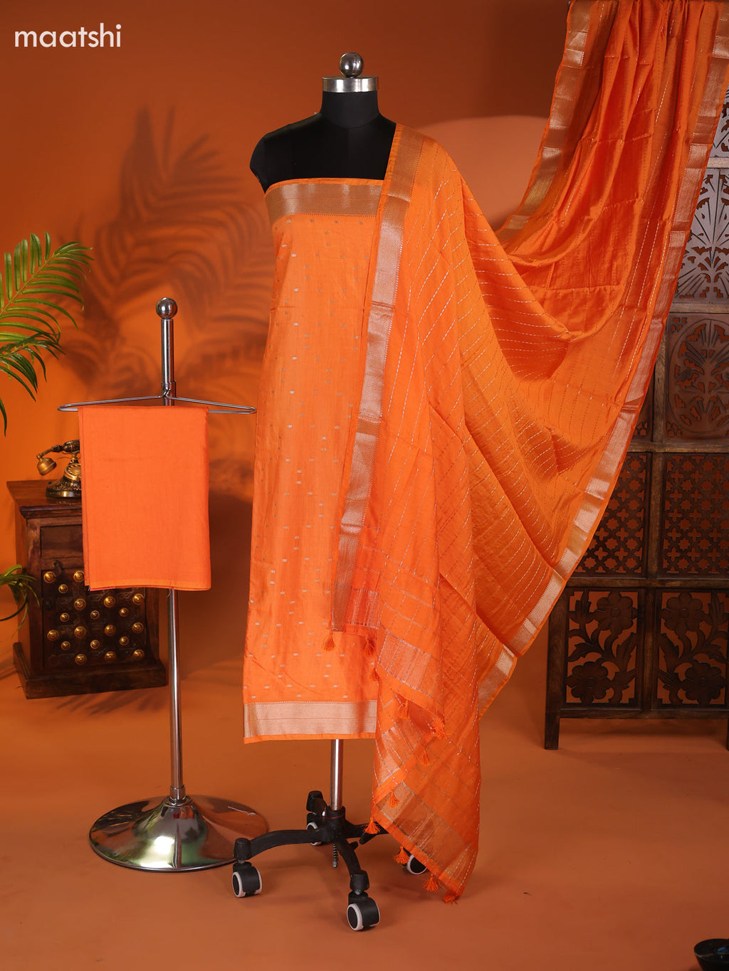 Orange Art Silk Dress Material With Zari Buttas and Bottom & Dupatta