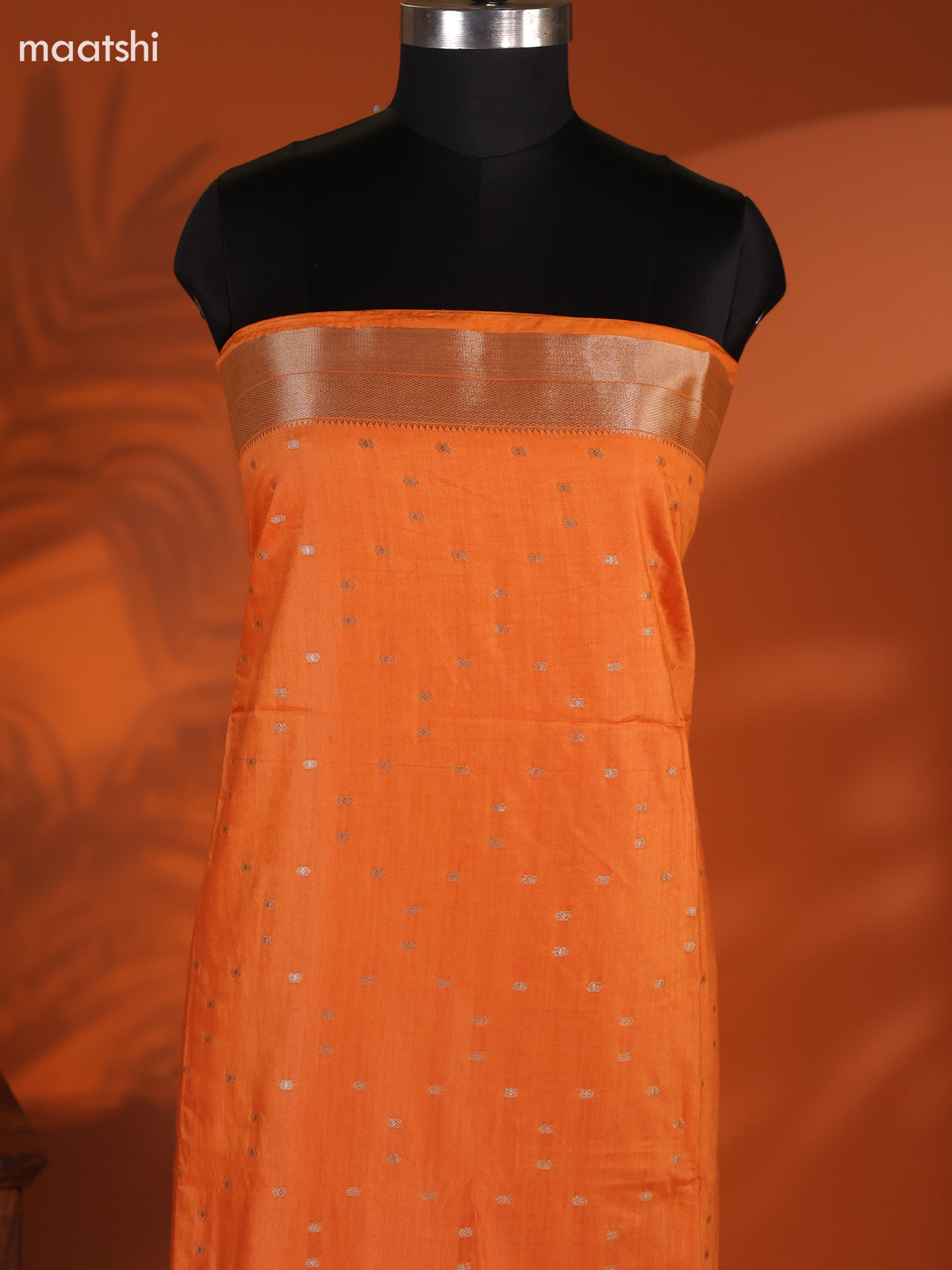 Orange Art Silk Dress Material With Zari Buttas and Bottom & Dupatta