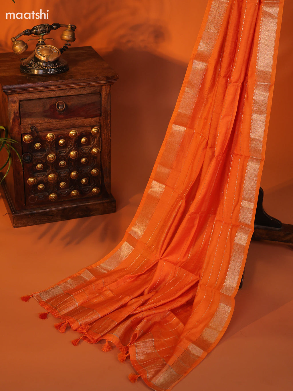 Orange Art Silk Dress Material With Zari Buttas and Bottom & Dupatta