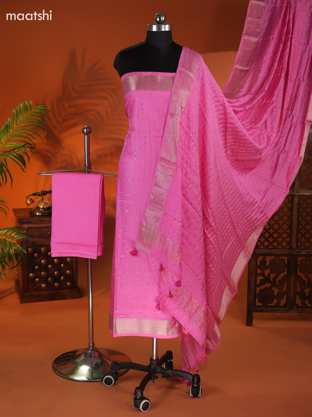Pink Art Silk Dress Material With Zari Buttas and Bottom & Dupatta