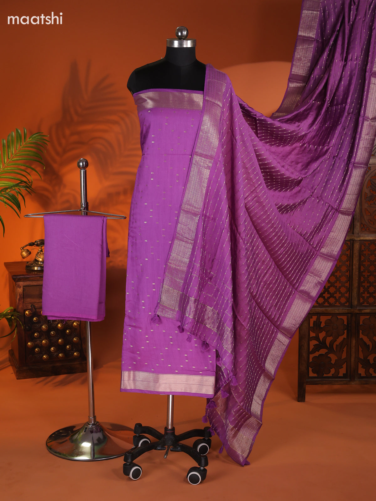 Lavender Art Silk Dress Material With Zari Buttas and Bottom & Dupatta