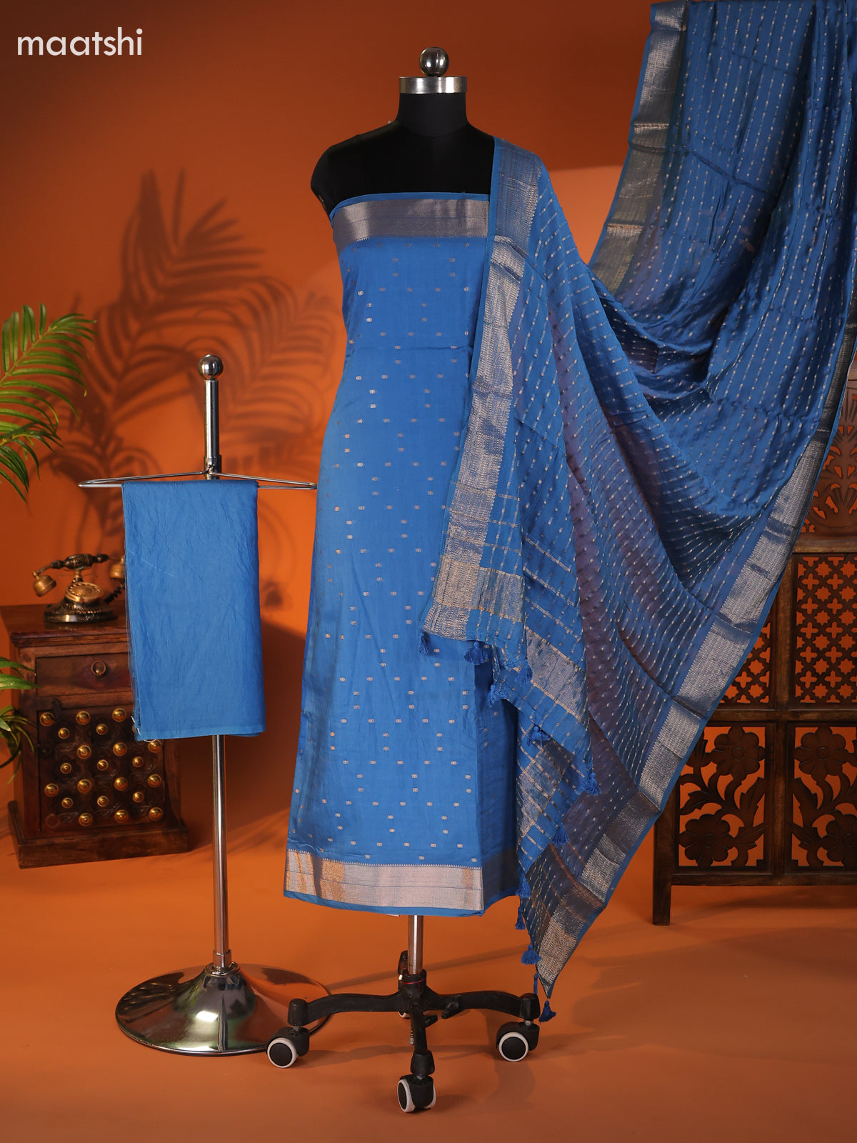 Blue Art Silk Dress Material With Zari Buttas and Bottom & Dupatta