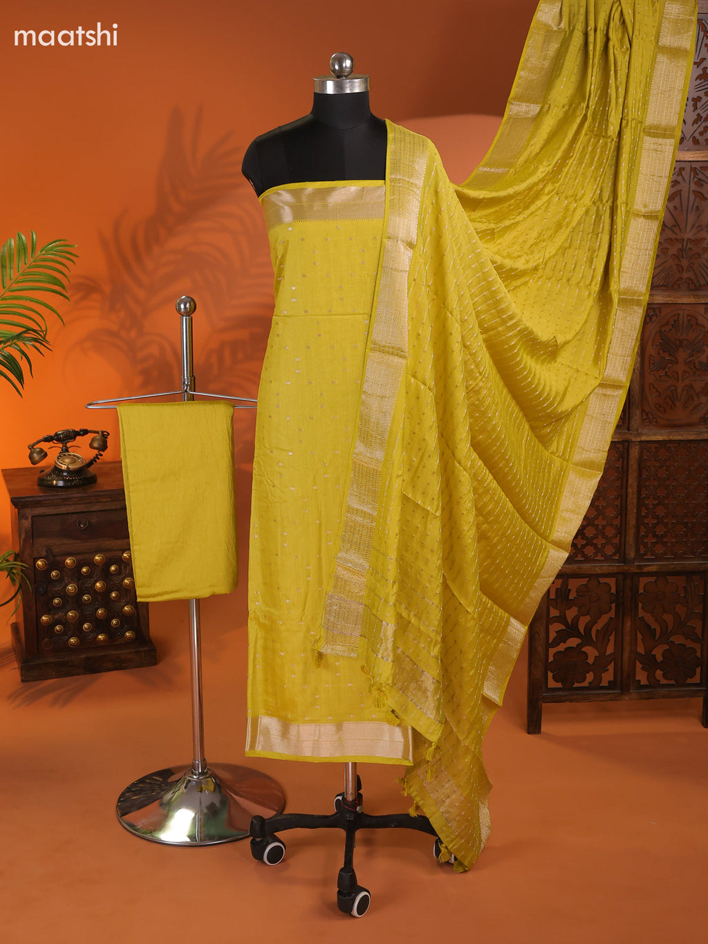 Lime Green Art Silk Dress Material With Zari Buttas and Bottom & Dupatta