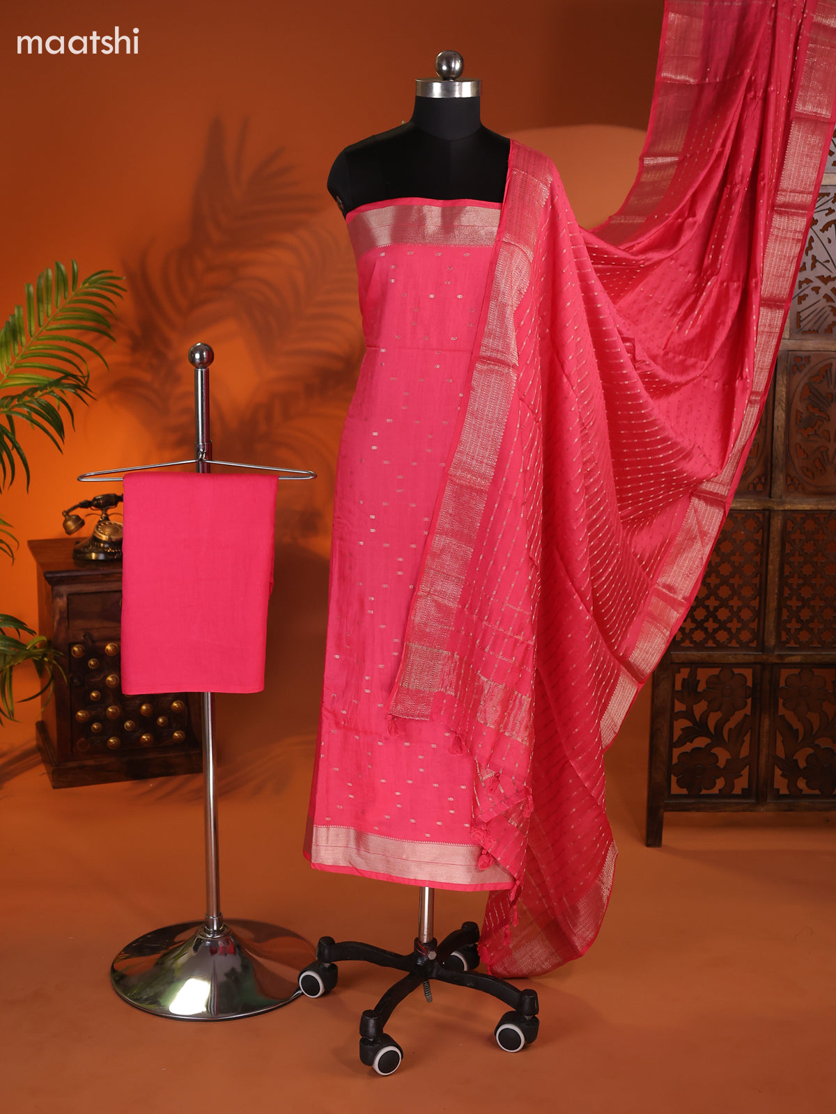 Mauve Pink Art Silk Dress Material With Zari Buttas and Bottom & Dupatta
