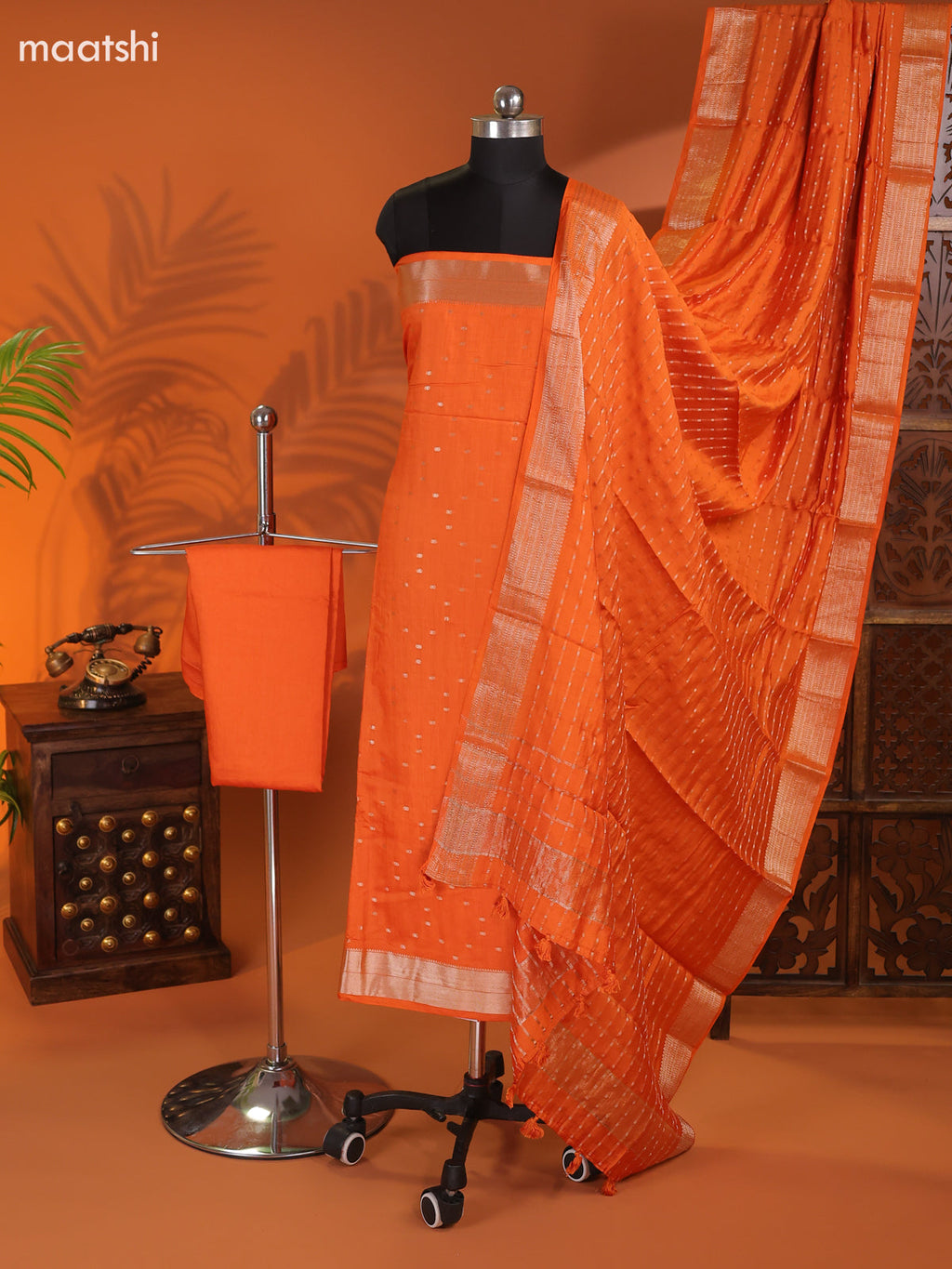 Orange Art Silk Dress Material With Zari Buttas and Bottom & Dupatta