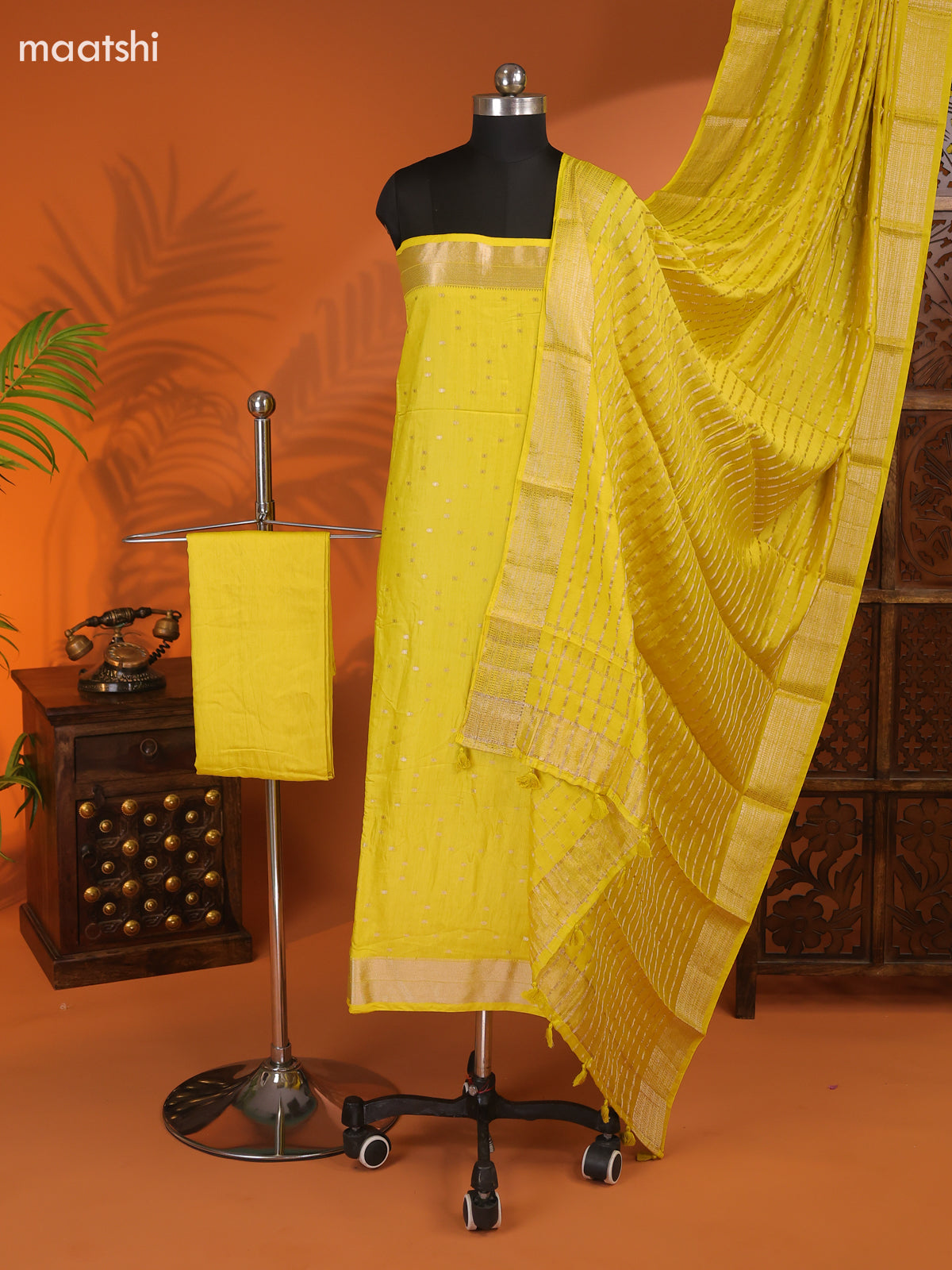 Lime Green Art Silk Dress Material With Zari Buttas and Bottom & Dupatta