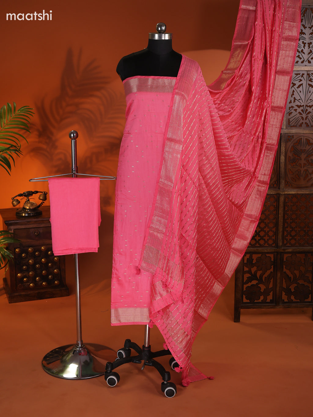 Peach Pink Art Silk Dress Material With Zari Buttas and Bottom & Dupatta