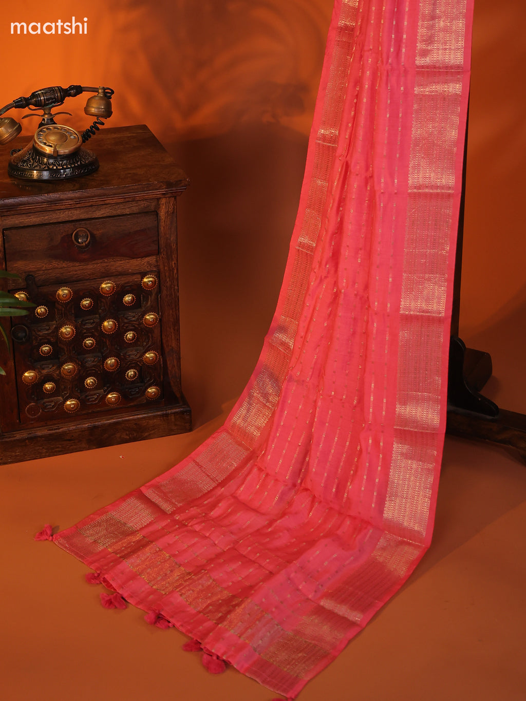 Peach Pink Art Silk Dress Material With Zari Buttas and Bottom & Dupatta
