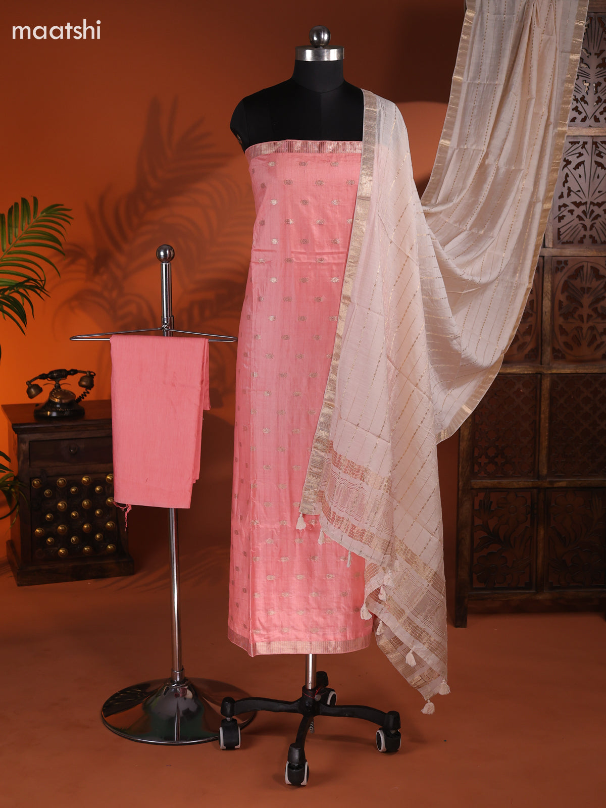 Peach Art Silk Dress Material With Zari Buttas and Bottom & Dupatta