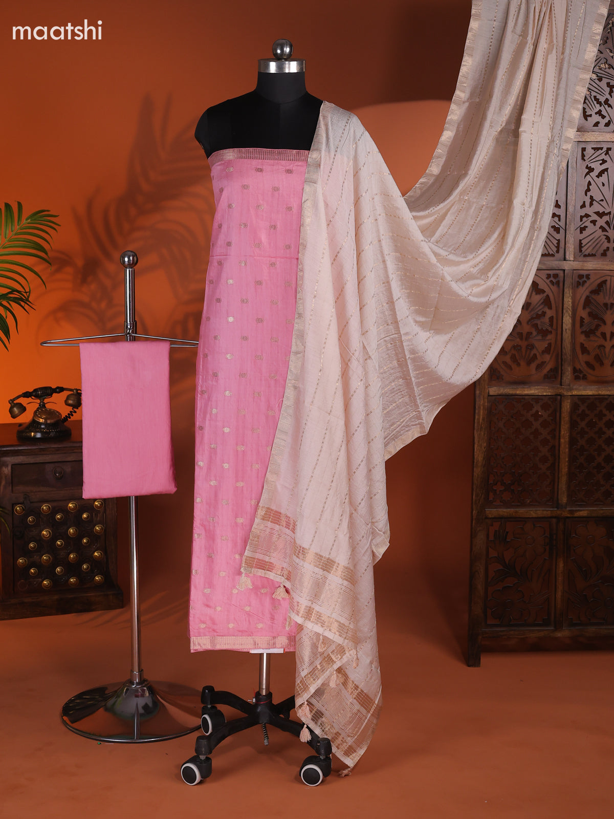 Pink Art Silk Dress Material With Zari Buttas and Bottom & Dupatta