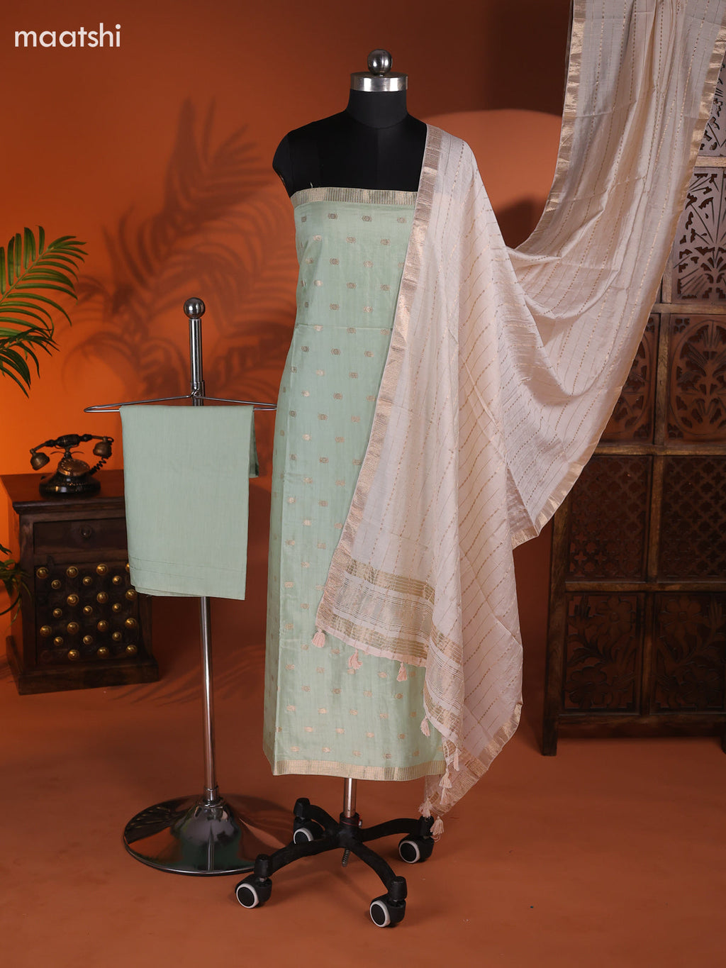 Pastel Green Art Silk Dress Material With Zari Buttas and Bottom & Dupatta