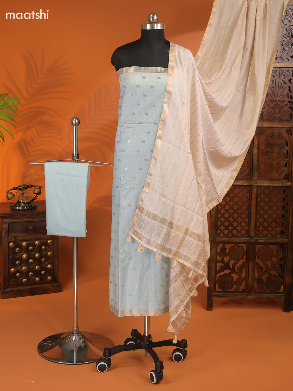 Pastel Blue Art Silk Dress Material With Zari Buttas and Bottom & Dupatta