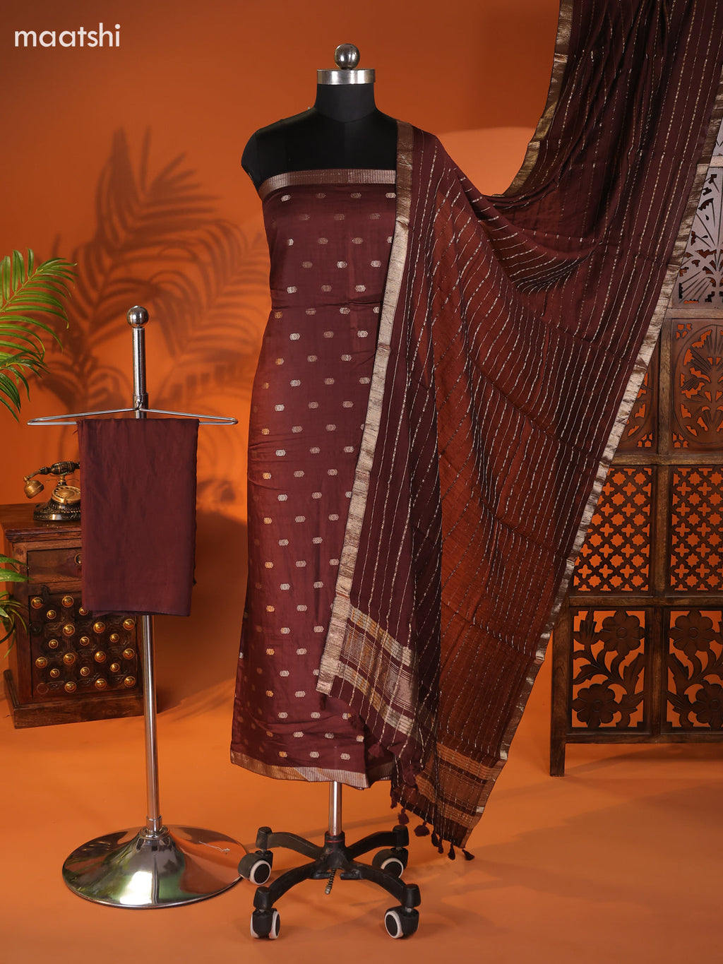 Brown Art Silk Dress Material With Zari Buttas and Bottom & Dupatta