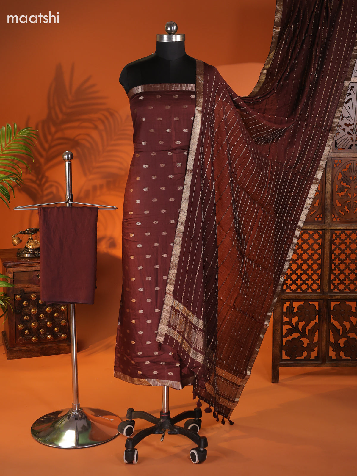 Brown Art Silk Dress Material With Zari Buttas and Bottom & Dupatta