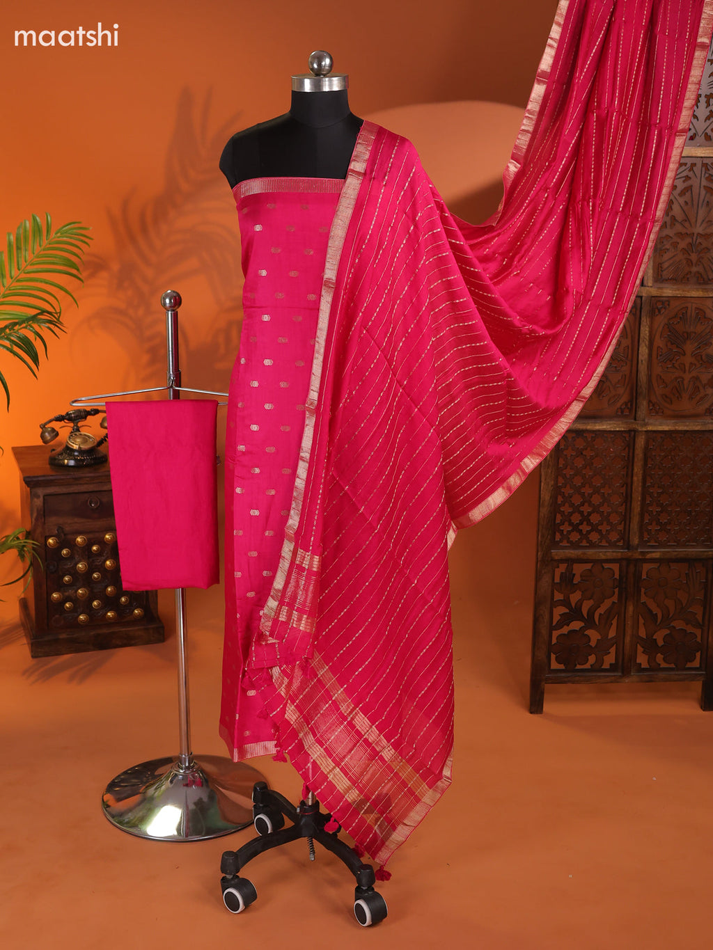Pink Art Silk Dress Material With Zari Buttas and Bottom & Dupatta