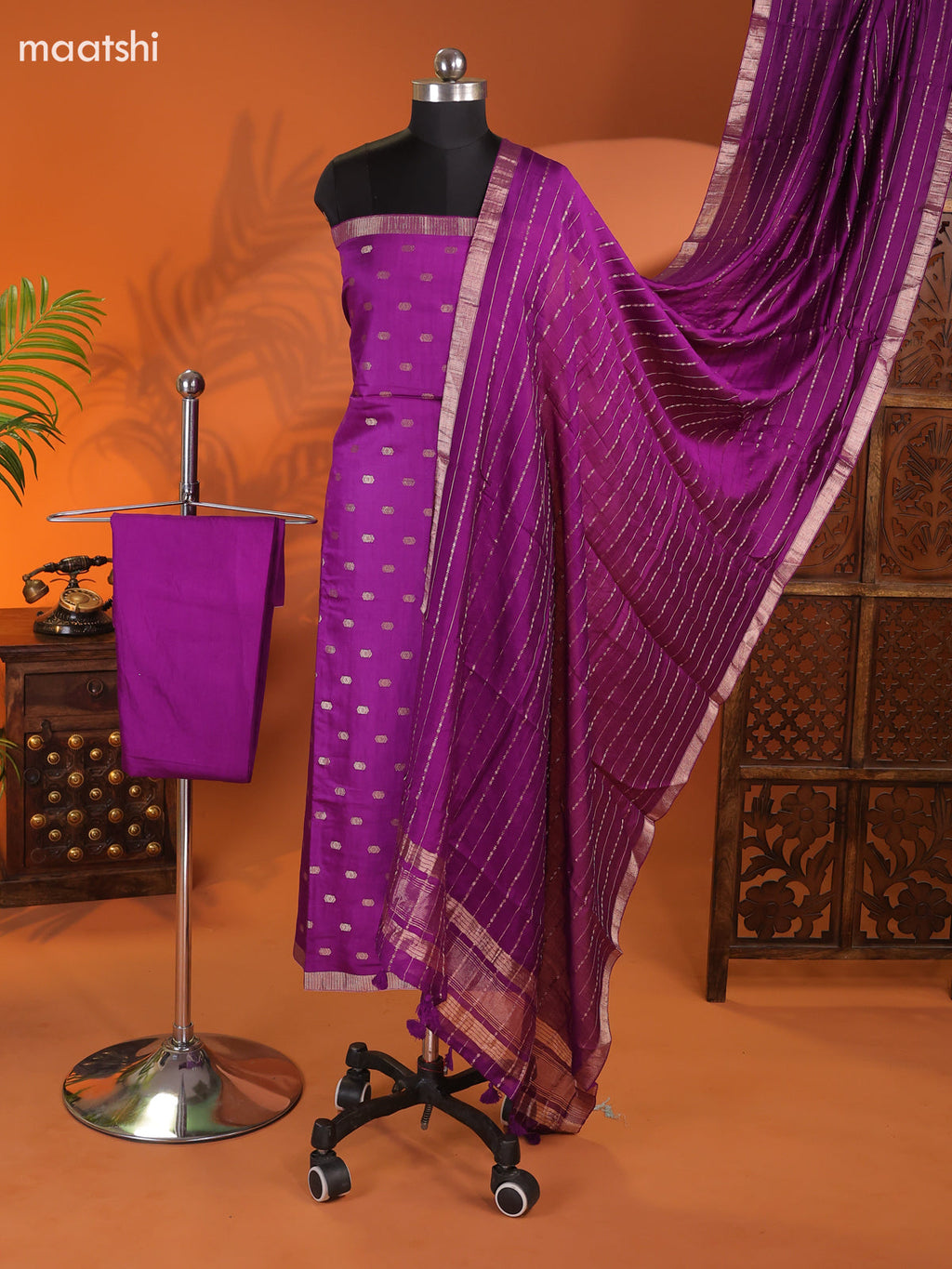 Violet Art Silk Dress Material With Zari Buttas and Bottom & Dupatta