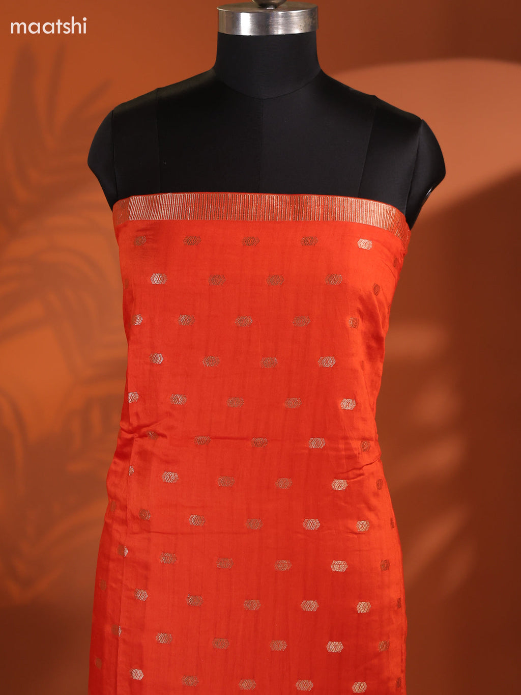 Rust Orange Art Silk Dress Material With Zari Buttas and Bottom & Dupatta