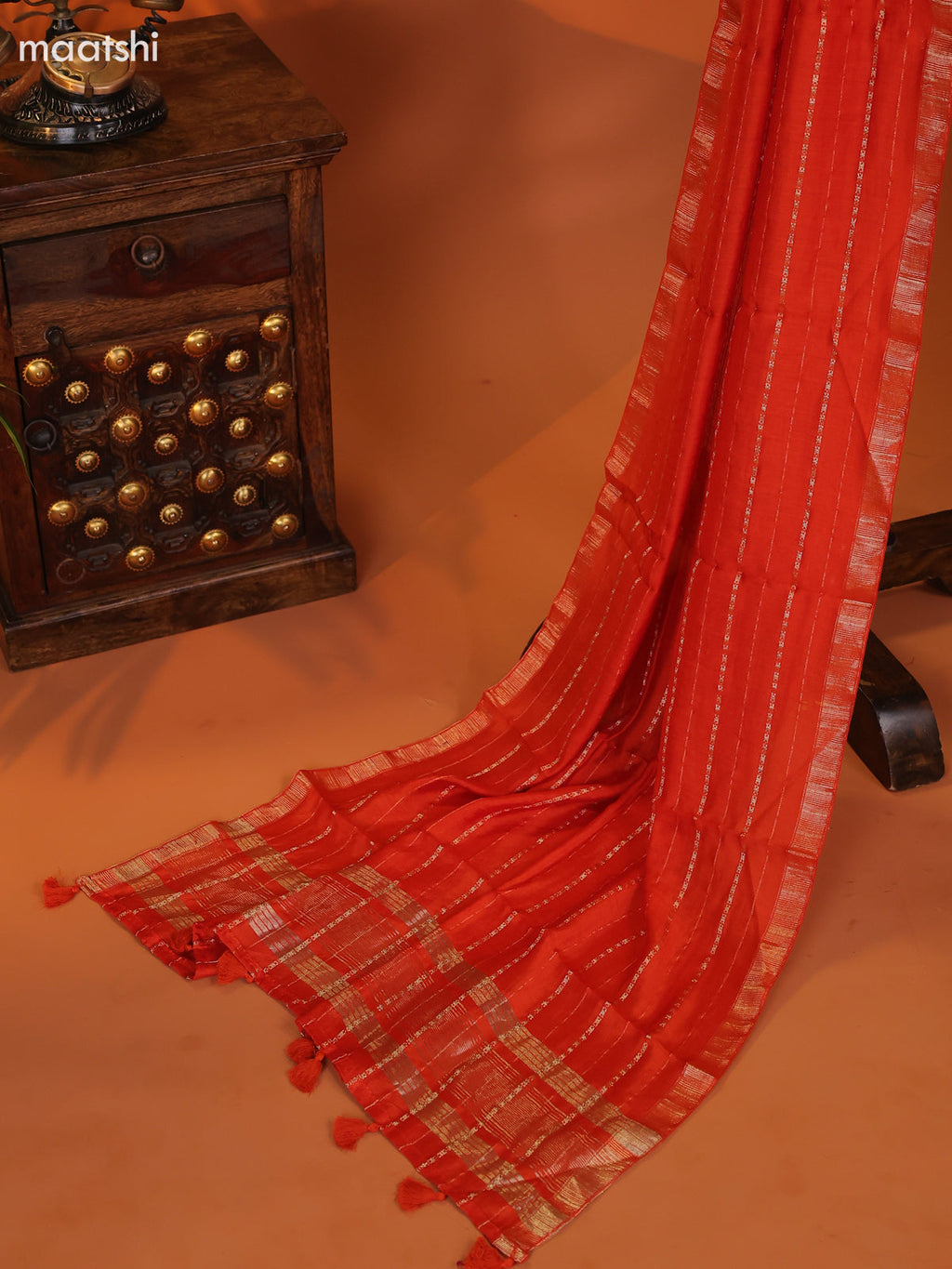 Rust Orange Art Silk Dress Material With Zari Buttas and Bottom & Dupatta