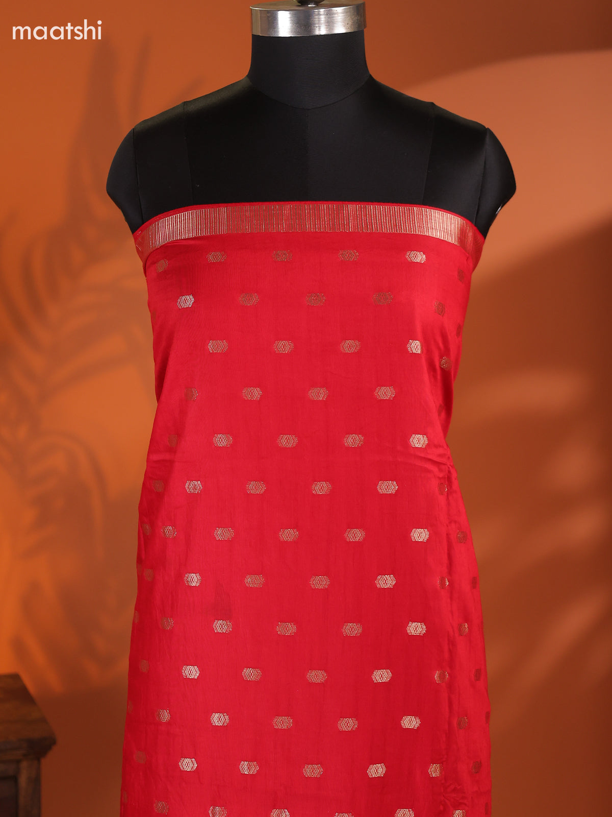 Red Art Silk Dress Material With Zari Buttas and Bottom & Dupatta