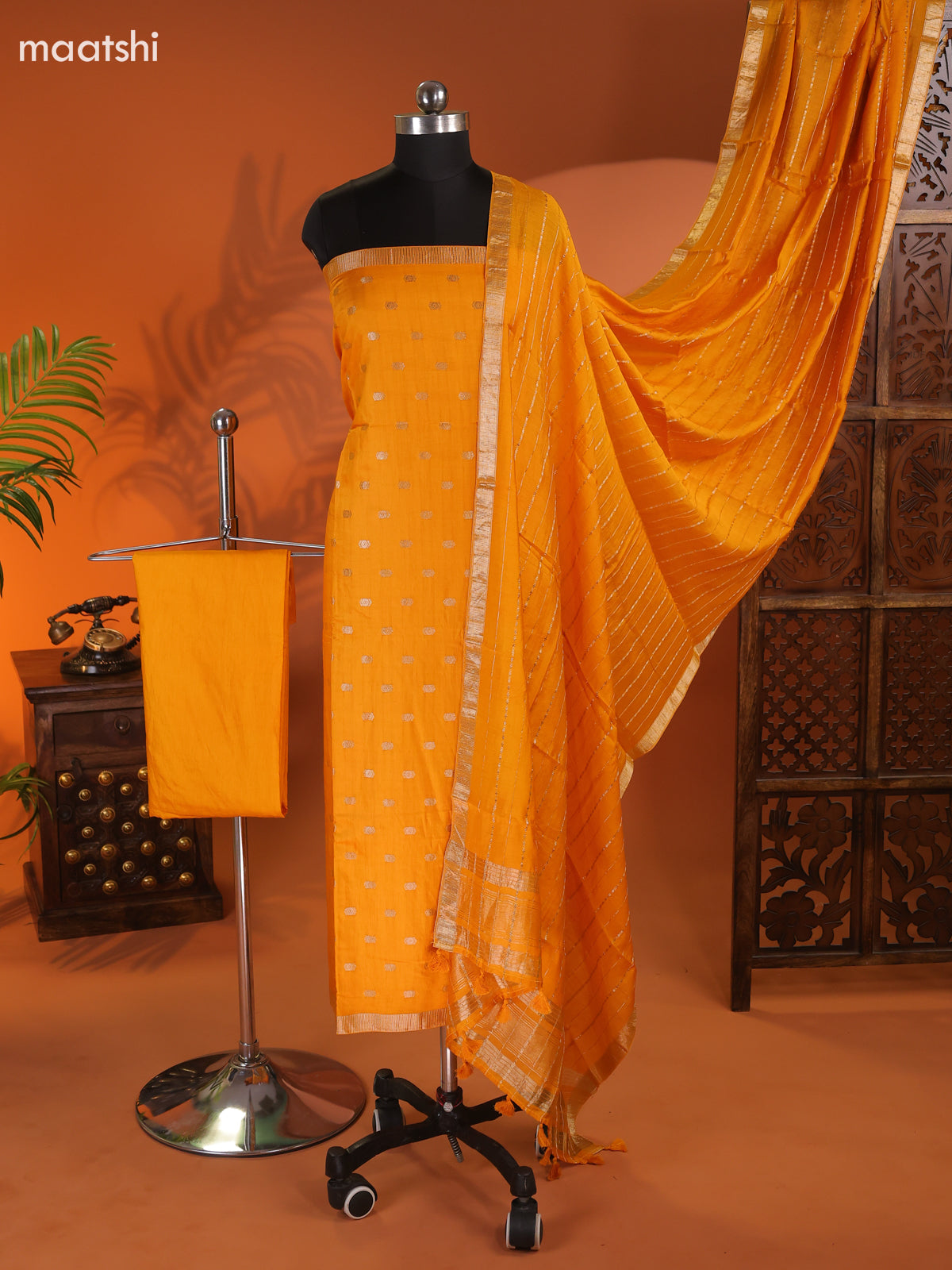 Mango Yellow Art Silk Dress Material With Zari Buttas and Bottom & Dupatta