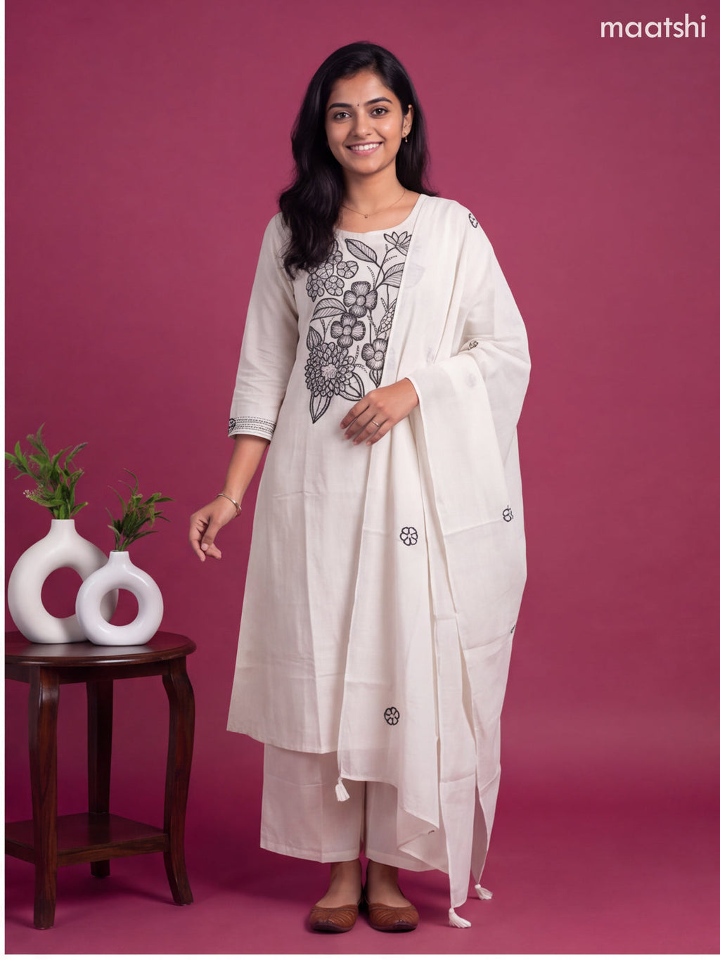Off White Cotton Embroidery Work A-Line Suit