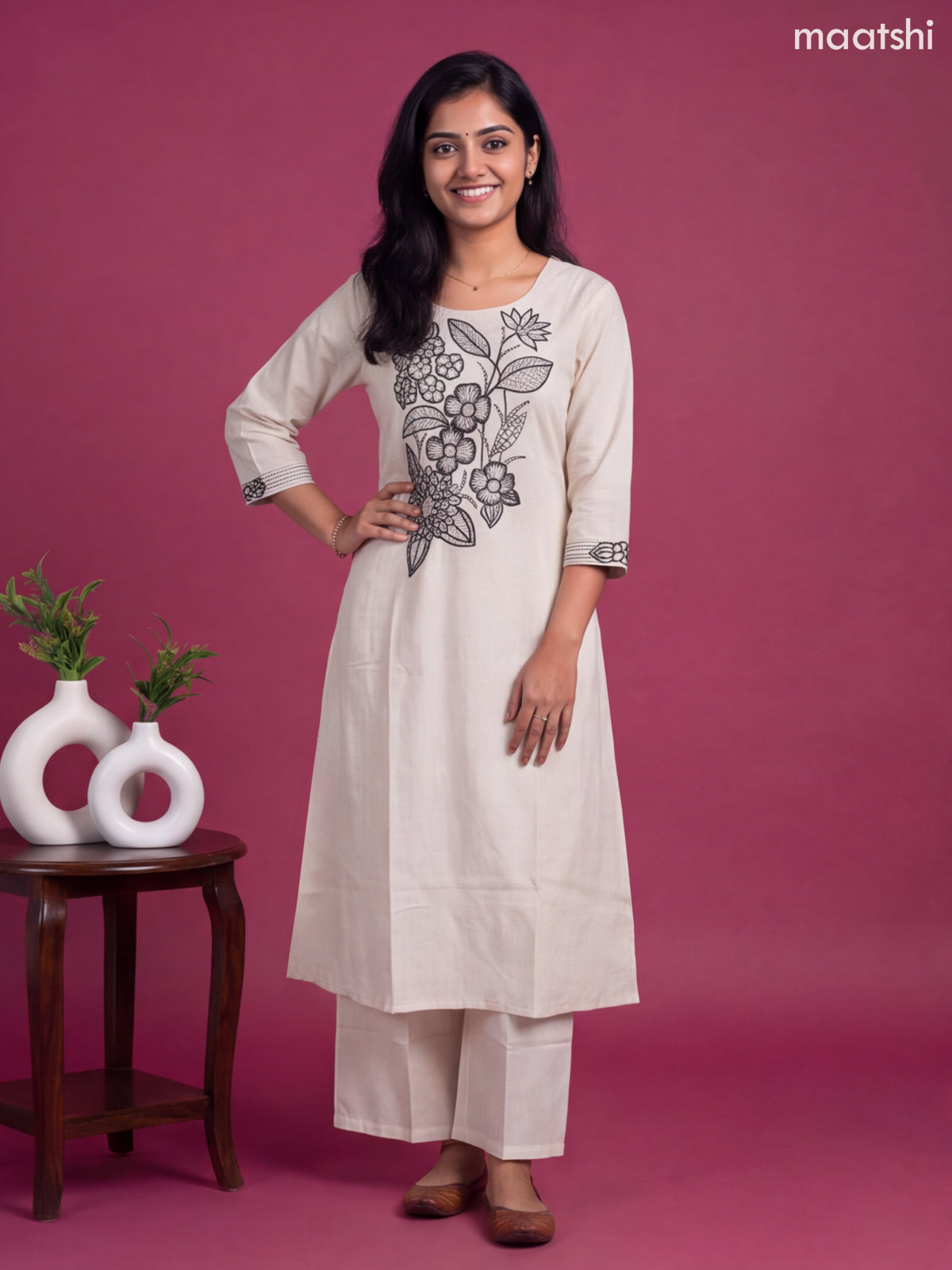 Off White Cotton Embroidery Work A-Line Suit