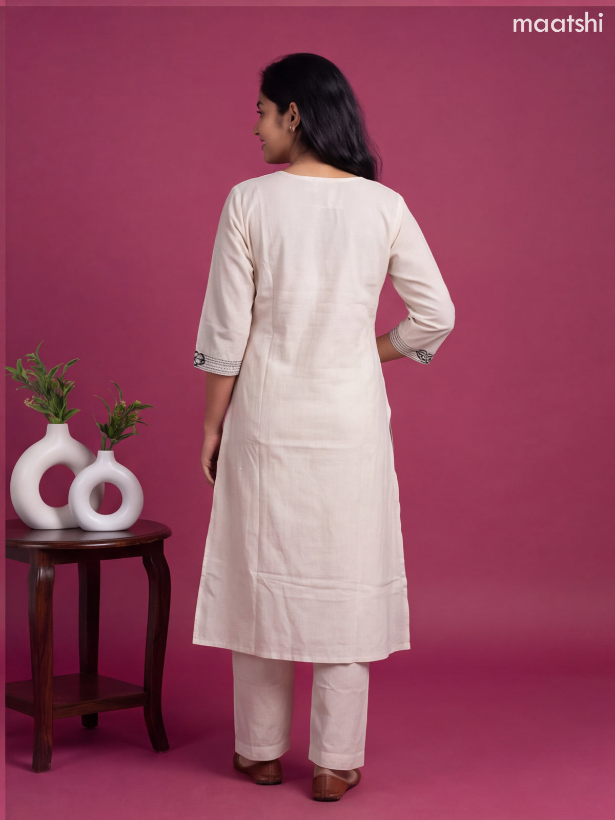 Off White Cotton Embroidery Work A-Line Suit