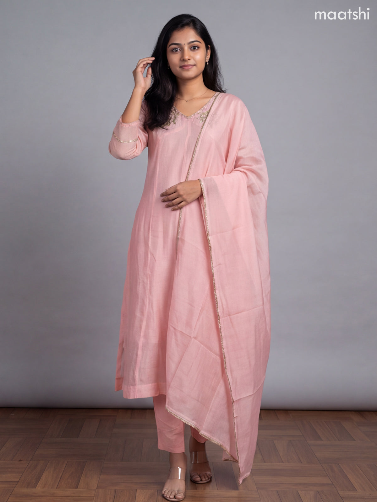Pink Mul Chanderi Embroidery Anarkali Suit