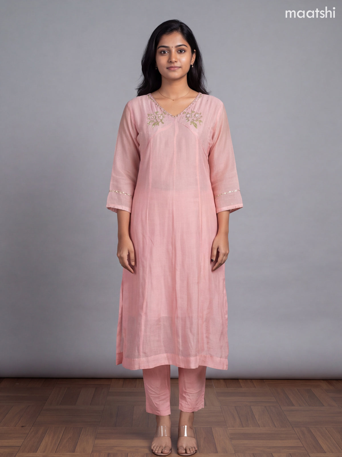 Pink Mul Chanderi Embroidery Anarkali Suit