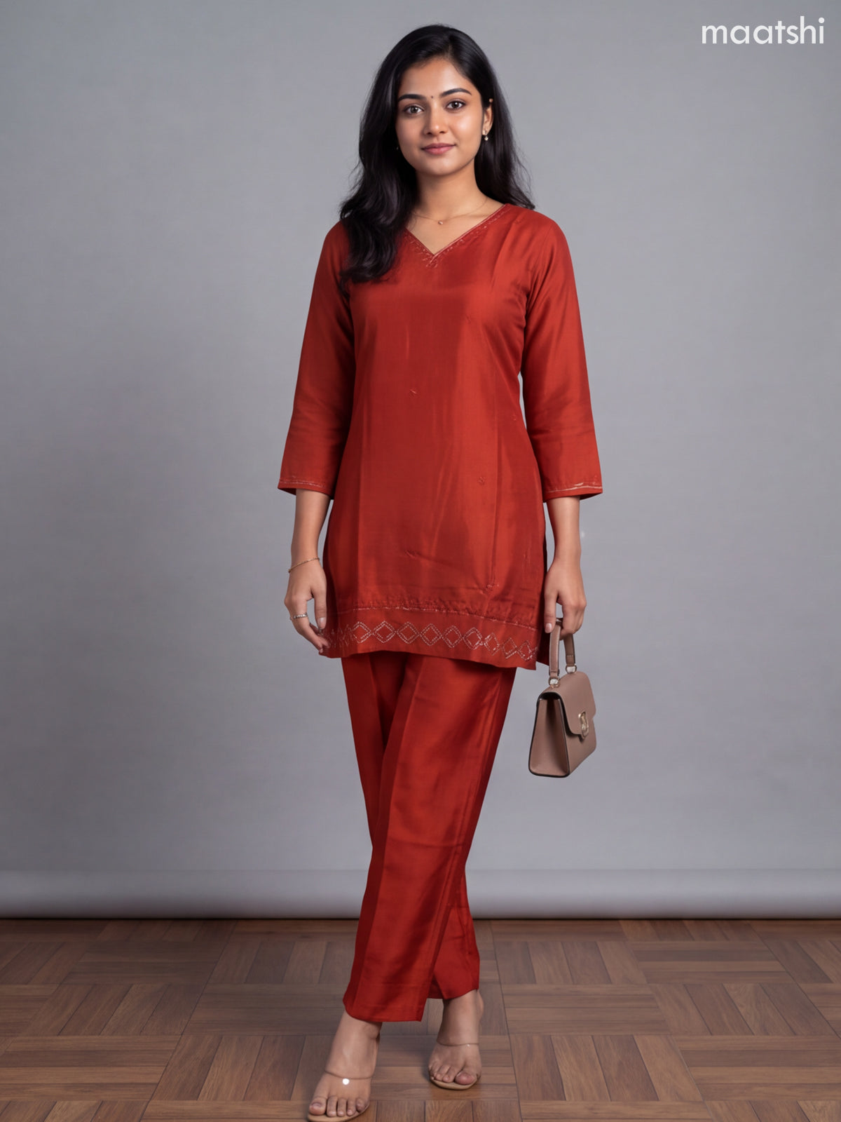 Rust Art Tussar Embroidery Work Straight Suit