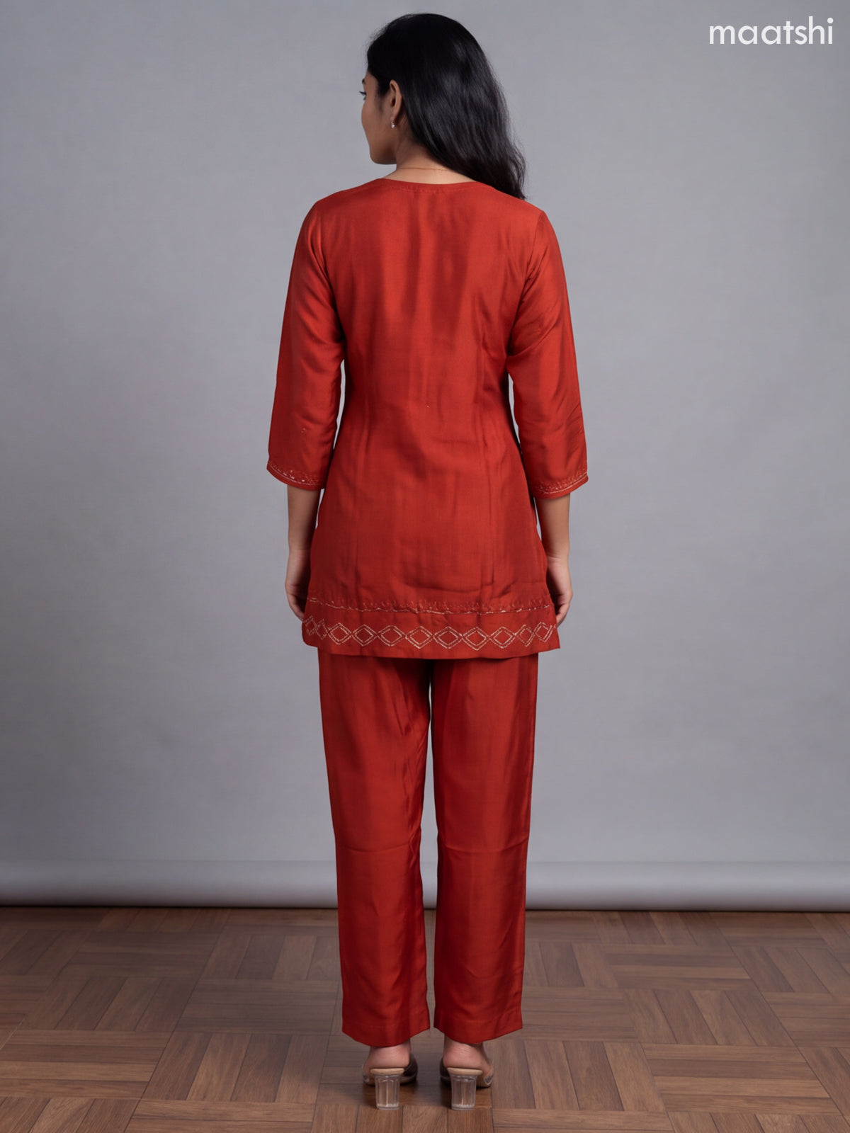Rust Art Tussar Embroidery Work Straight Suit
